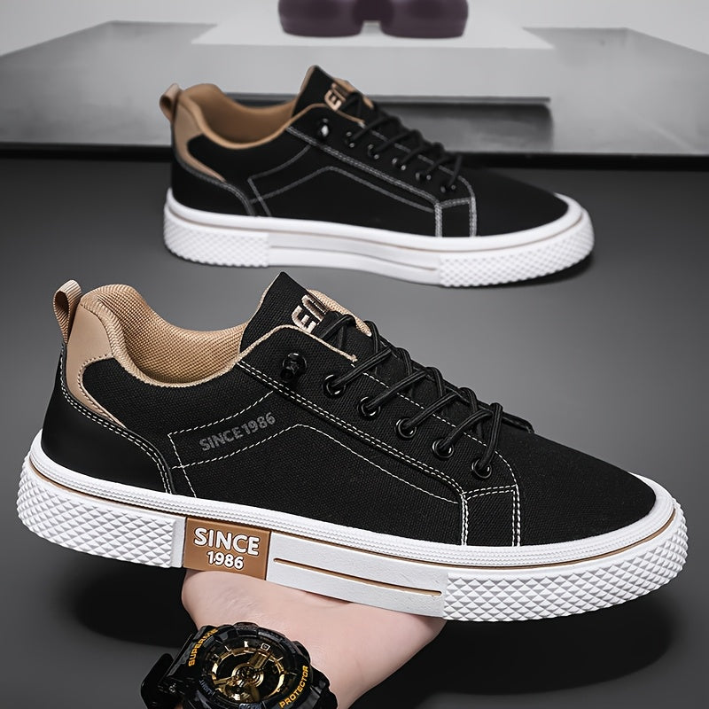Men's Casual Low-Top Sneakers - Breathable Fabric & Durable PVC Sole, Black & Beige Contrast Design, Lace-Up Round Toe for All-Season Comfort, Versatile for Casual & Semi-Formal Wear, Comfortable Footwear, Fabric Upper