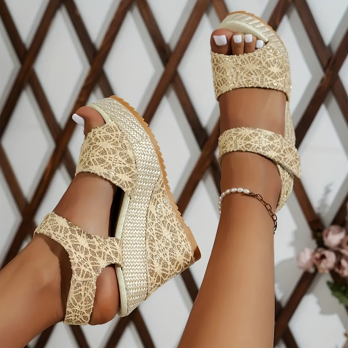 High Heel Wedge Sandals with Laces