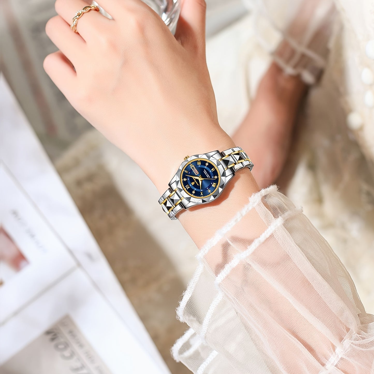 POEDAGAR Women's Elegant Stainless Steel Quartz Watch with Luminous Blue Dial, Roman Numerals, Date Calendar, IPX7 High Quality & -Accented Band for Casual & Formal Wear