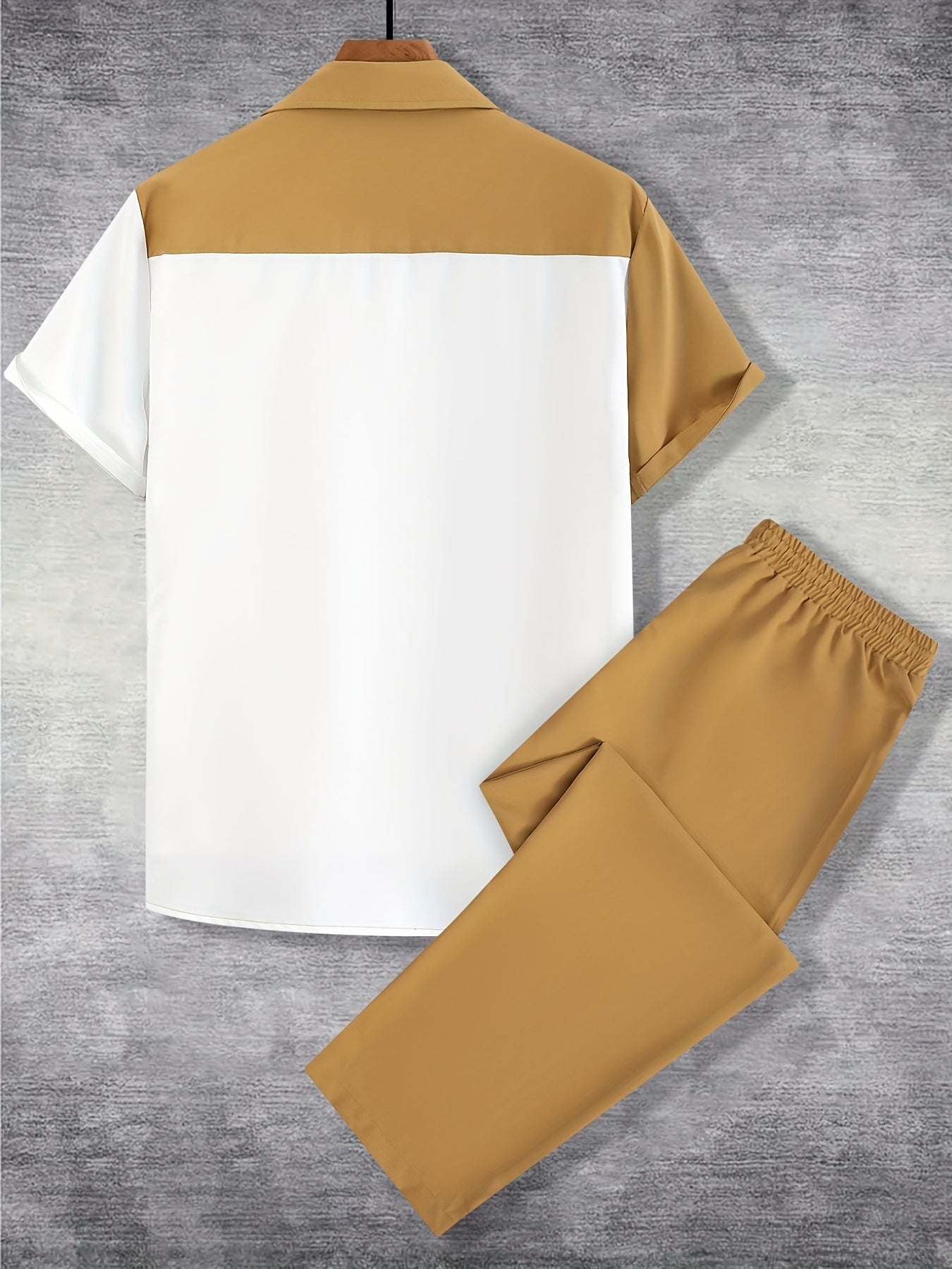 Men'S Casual Two-Piece Spring/Summer Color Block Short Sleeve Shirt and Pants Set - Polyester, Regular Fit, Button-Up with Pocket, No Belt, All-Season Wear, Casual Attire|Casual Style|Polyester Fabric