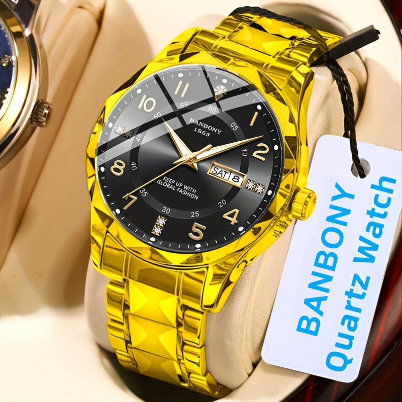 1 New BANBONY Brand Unisex Stainless Steel Quartz Watch with HD Scratch-Resistant Rhinestone-Embellished Simple Digital Round Dial, Luminous Display Date Calendar Battery-Powered Multifunctional Fully Automatic Wristwatch for