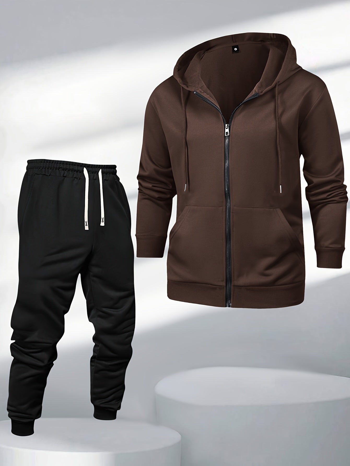 Men's Two-Piece Sportswear Suit: Zipper Hoodie + Sweatpants Set, Spring/Autumn Solid Color Regular Long Sleeve Zipper Hoodie with Drawstring, Threaded Trousers, Casual Sportswear Two-Piece Set