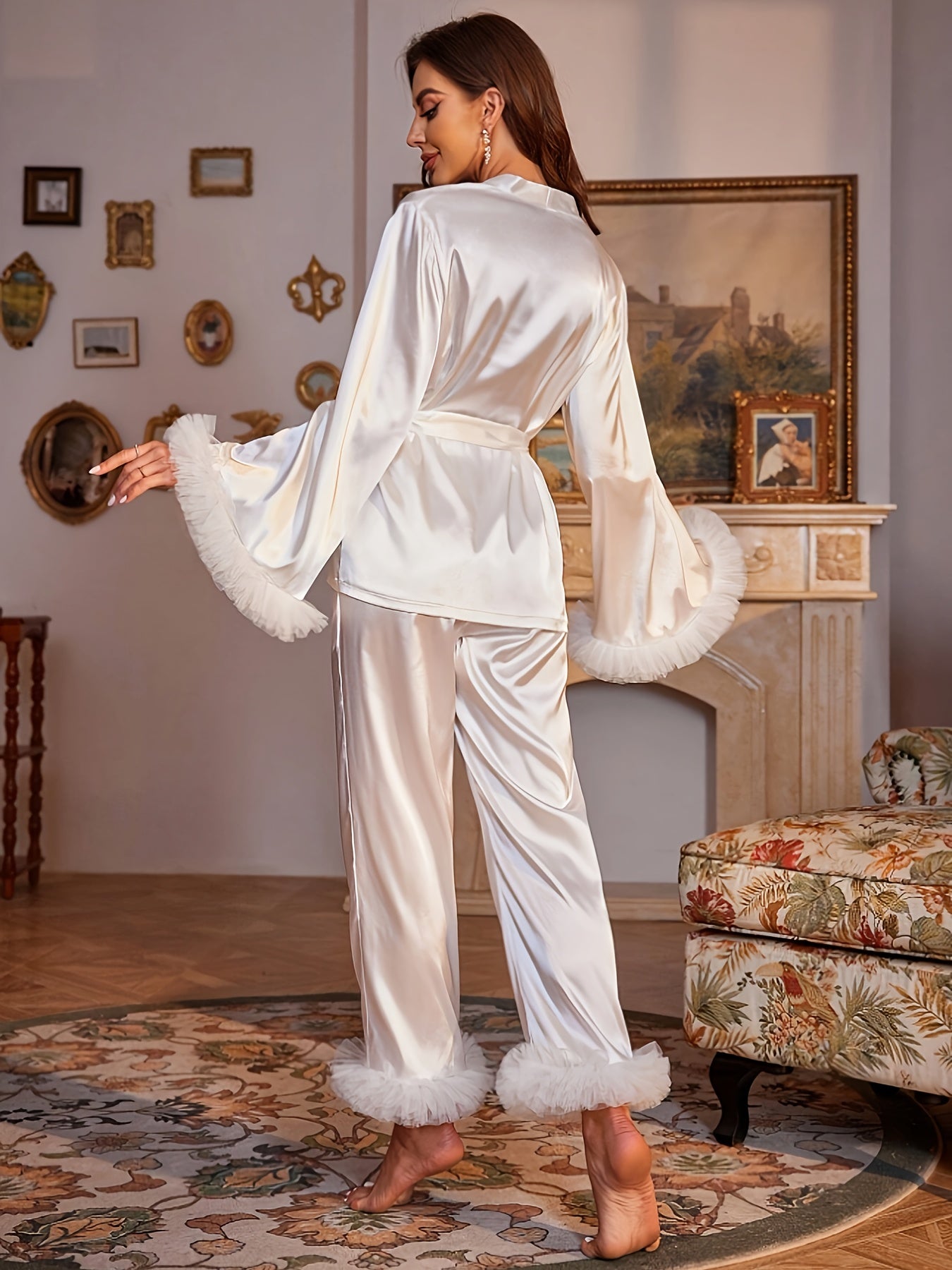 Women's Mesh Patchwork Long Sleeve Pants Pajama Set 2pcs