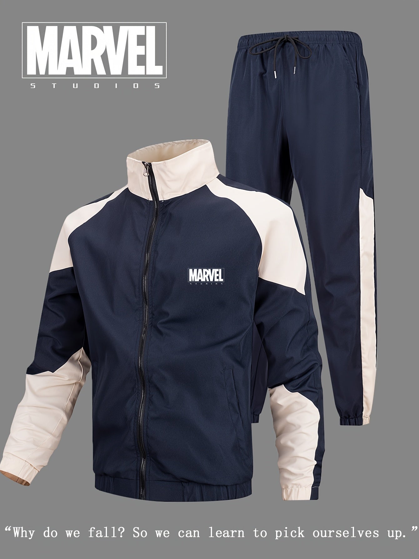 Marvel Men'S Outdoor Sports Set, Full Set with Long Sleeve Jacket and Elastic Waist Pants, Marvel Letter Print, Basic Training Suit, Breathable Fabric, Suitable for Sports, Fitness, Casual Wear