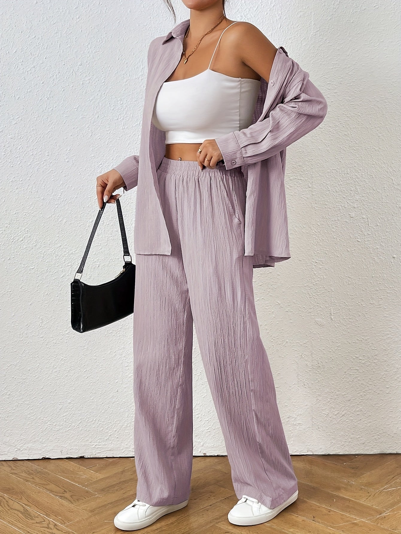 2pcs Women Spring & Autumn Casual Solid Color Long Sleeve Shirt And Pants Set