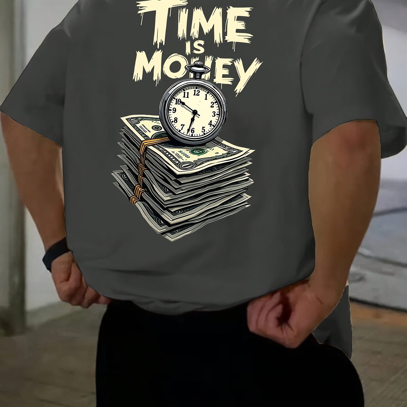 Men'S Casual Short Sleeve T-Shirt with "Time is Money" Clock & Stack of Cash Graphic - Lightweight Polyester, Loose Fit, Round Neck, Perfect for Spring & Summer Outdoor Wear, Relaxed Fit Shirt | Bold Graphic Tee | Glossy Text