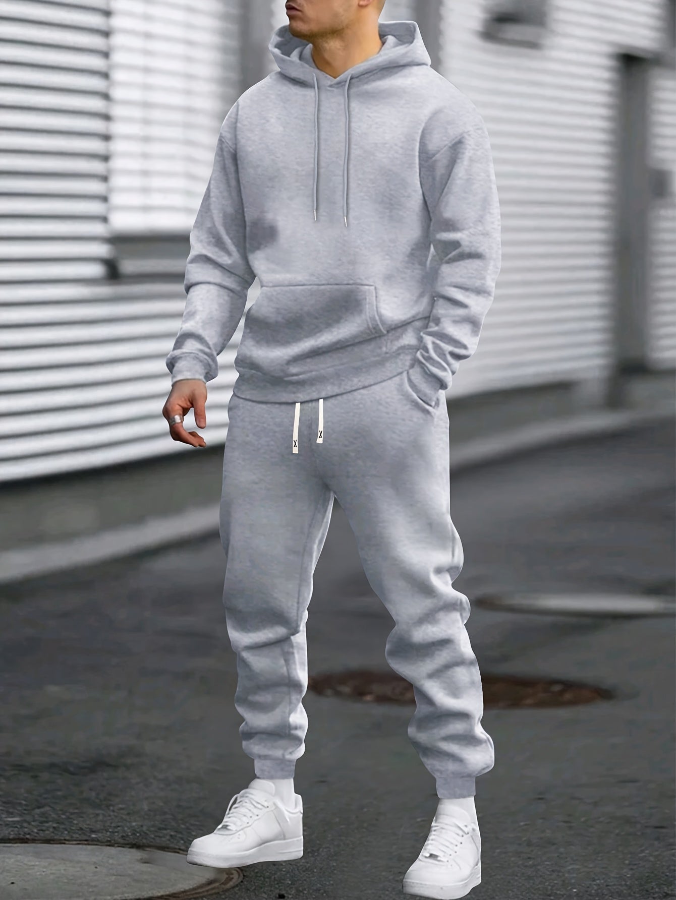 1set Men'S Casual Sports Suit, Polyester Hooded Sweatshirt and Jogger Pants Set, Solid Color, Elastic Waist, Cuffed Ankles, Knit Pullover with Pockets, Regular Fit for Outdoor Running and Jogging - Spring/Autumn Collection