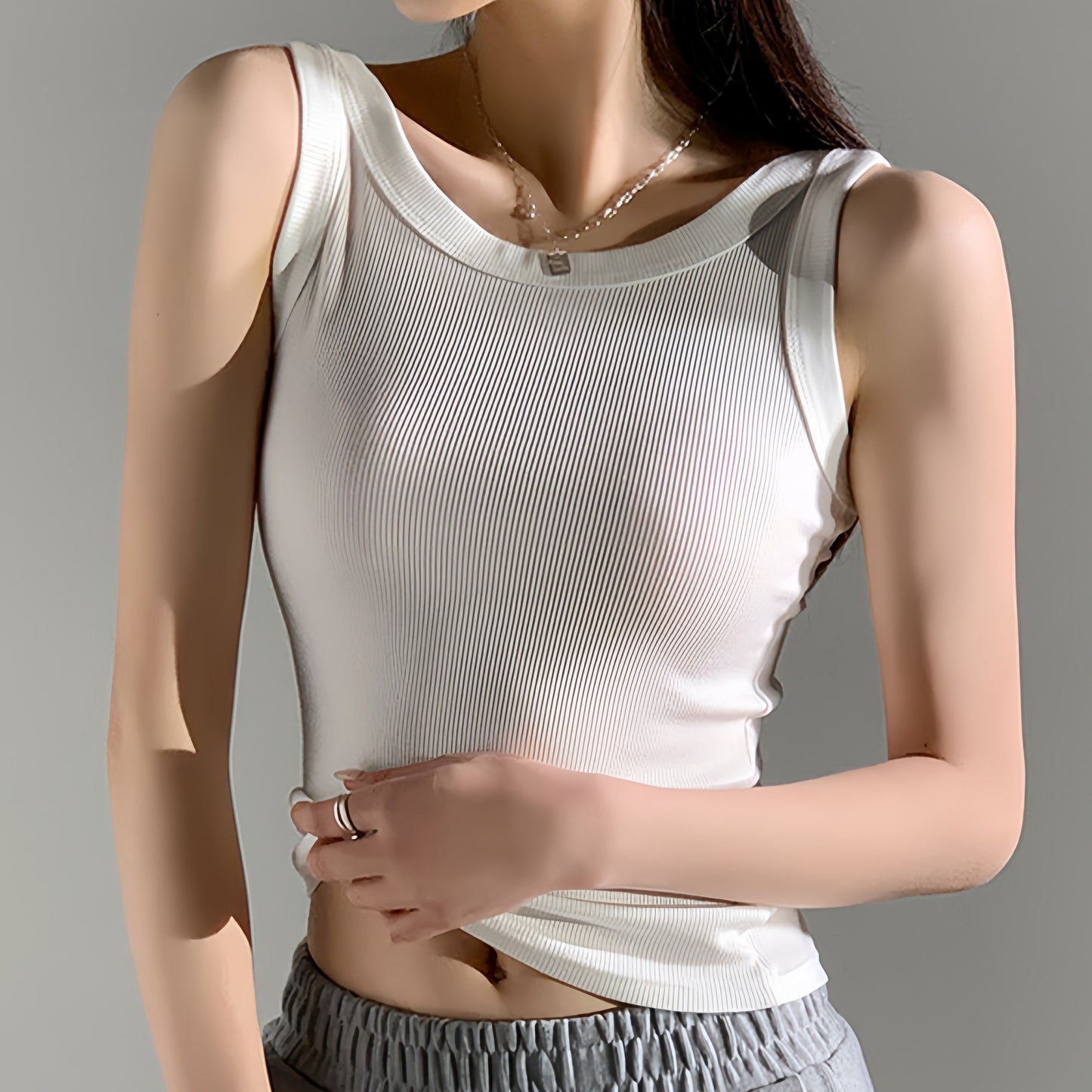 1pc Women'S Casual Ribbed Tank Top, Solid Color Knit Vest with Side Stripe Detail, Low Neck Polyester Camisole for All Seasons, Versatile Layering Piece