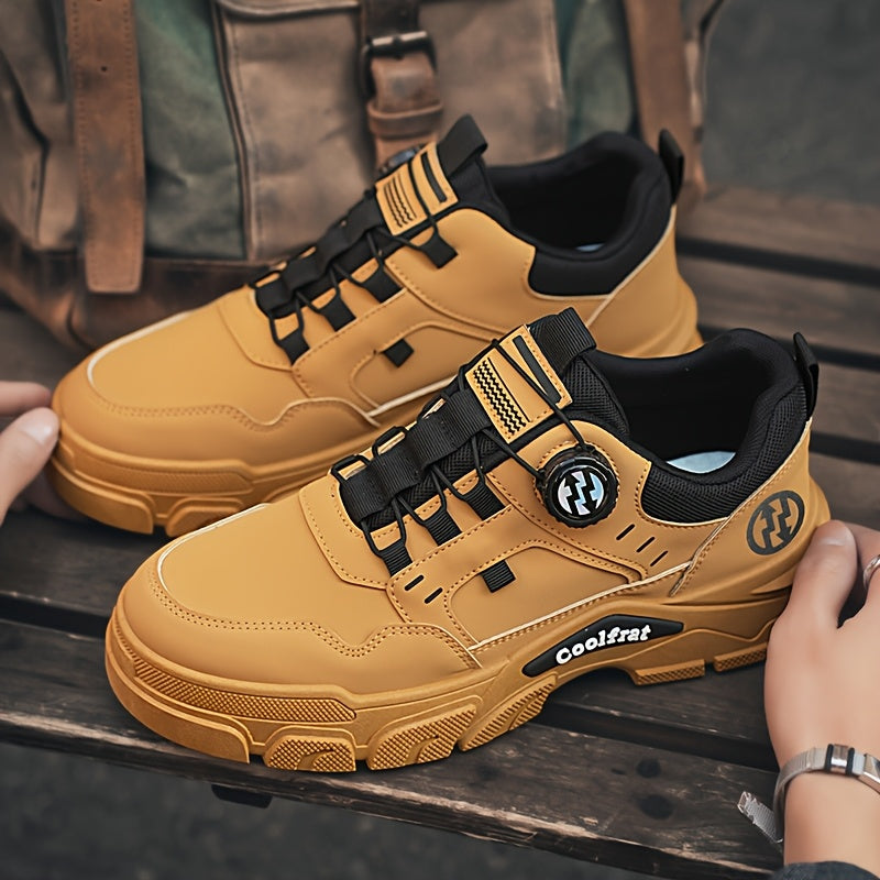 Men's Solid Color Skate Sneakers - Adjustable Rotating Buckle Straps, Slip-Resistant PVC Sole & Durable PU Upper, Low-Top Lace-Up Design for Hiking, Walking, Daily Wear - All-Season Casual Streetwear Shoes, Skate Shoes