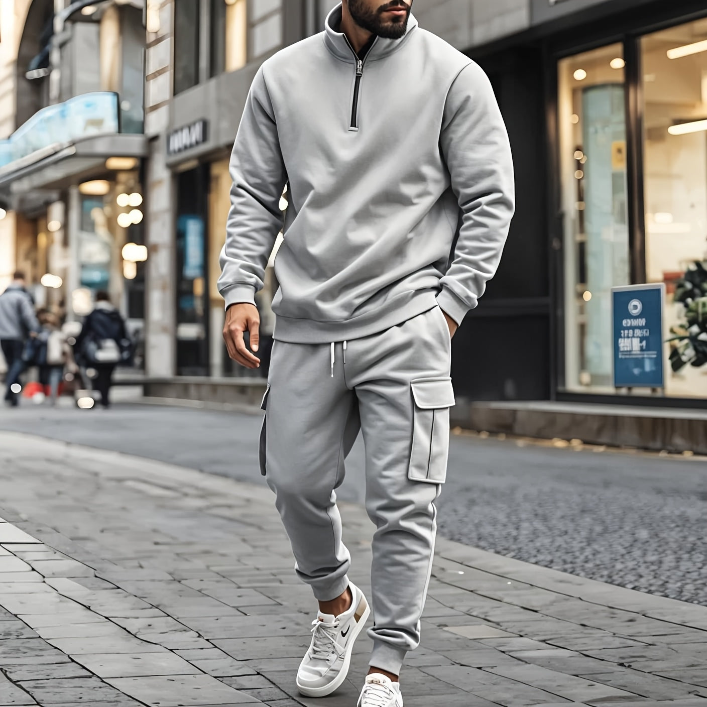 Versatile Ensemble, Men's Casual 2pcs Set: Heavyweight Zip-Up High Neck Sweatshirt & Pocketed Work Pants - Solid Color, Plush Fabric for Fall/Winter