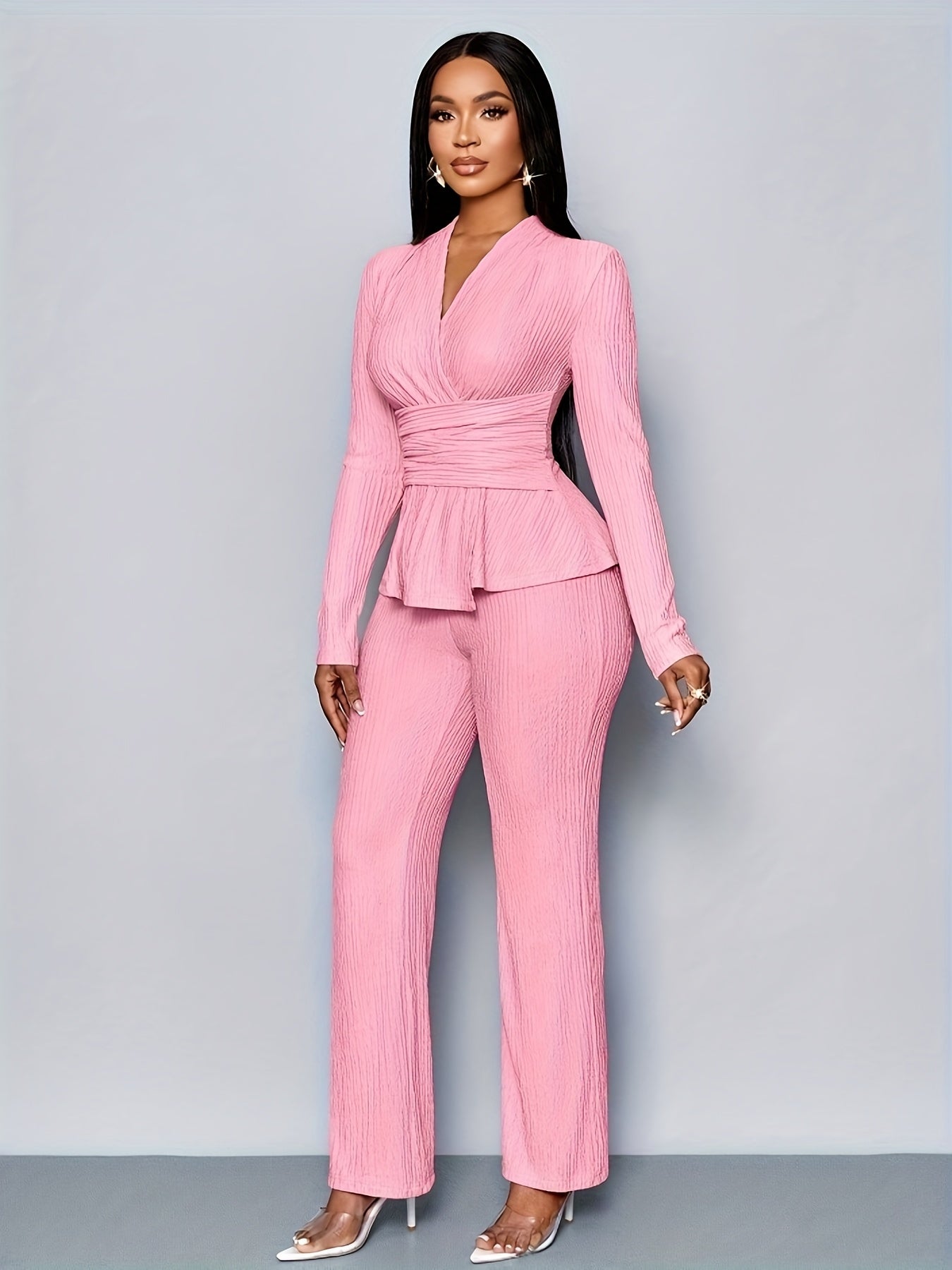 Elegant Women'S V-Neck Long Sleeve Top and Wide Leg Pants Two-Piece Set, Asymmetrical Hem Two-Piece Outfit for Casual Daily Wear, Winter Women'S Clothing