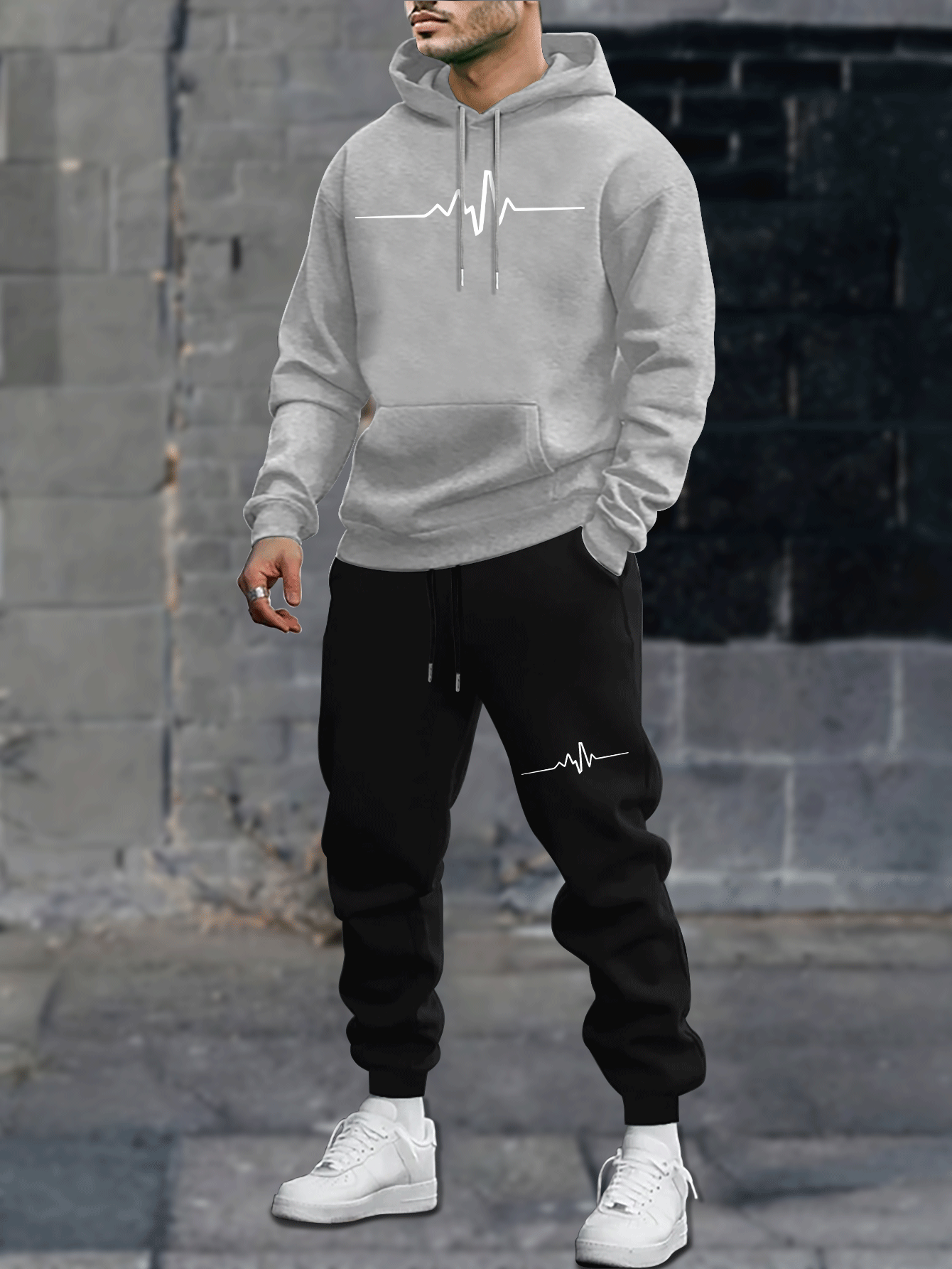1set Men'S Casual Geometric Heartbeat Pattern Hoodie and Sweatpants Set, Polyester and Spandex Blend, Loose Fit, Hooded Pullover for Autumn/Winter