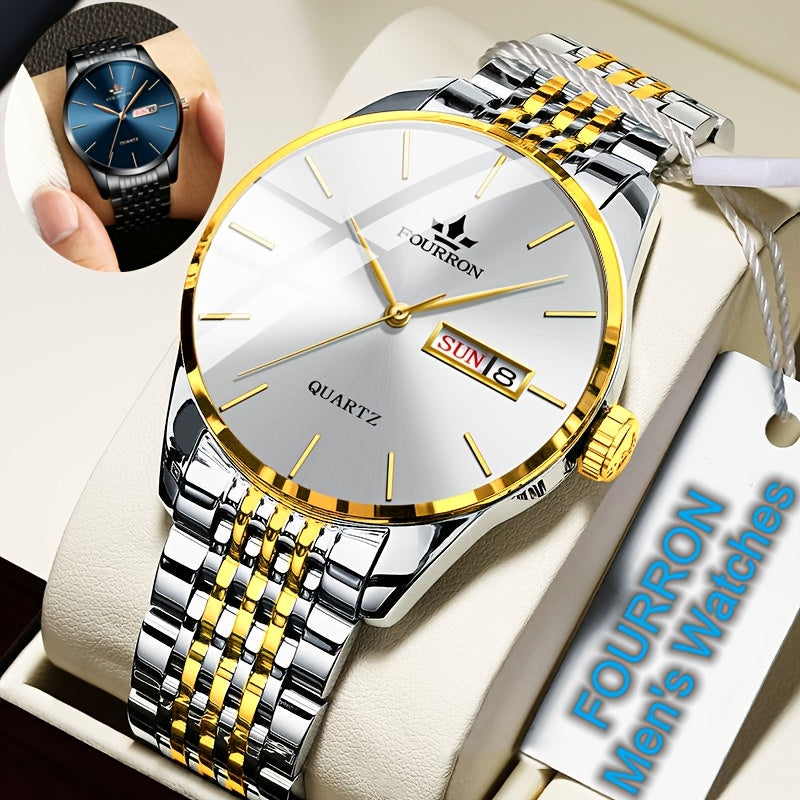 An Ideal Choice For A New FOURRON Brand Men's Luxury Stainless Steel Strap Simple Dial Quartz Watch With Date Calendar, Trendy Fashion Sports Casual Lifestyle Travel Multi-function Watch, Ideal For Friends' Birthdays, Holiday
