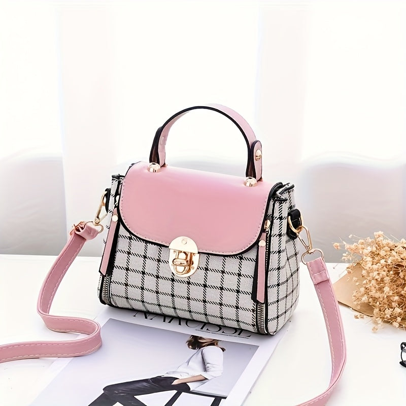 Women'S Vintage Plaid Crossbody Bag with Detachable Shoulder Strap, Zipper Closure, Polyester Lining & Edge Paint - Pink & Black Checkered Design, Perfect for Teens & Women, Ideal Gift for Birthdays, Anniversaries, Valentine'