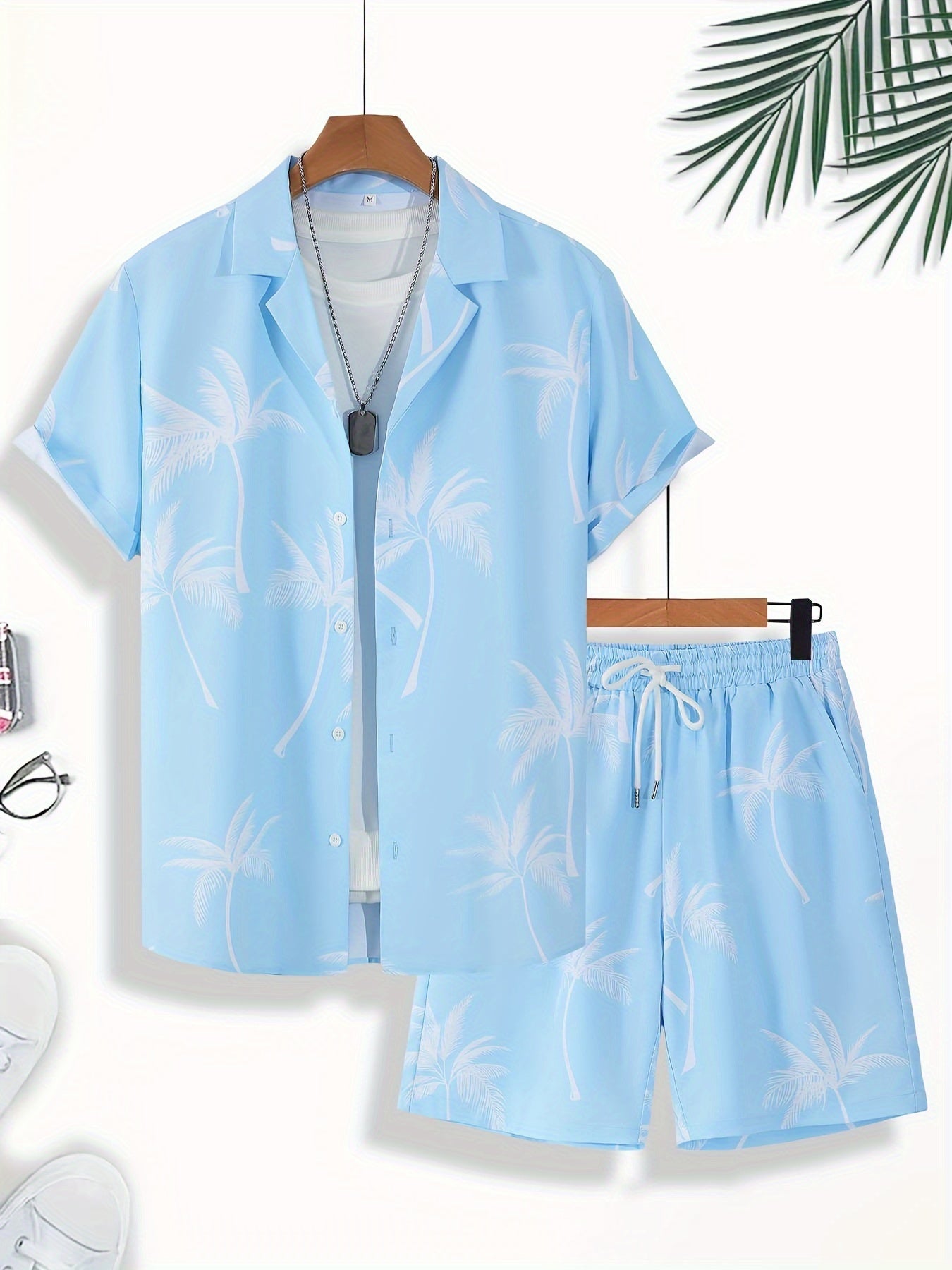 Men'S Summer Tropical Palm Tree Print Pajama Set, Polyester 100% Short Sleeve Shirt & Drawstring Waist Shorts, Vacation Style Lapel Collar, Non-Stretch Woven Fabric, Regular Fit - 120gsm