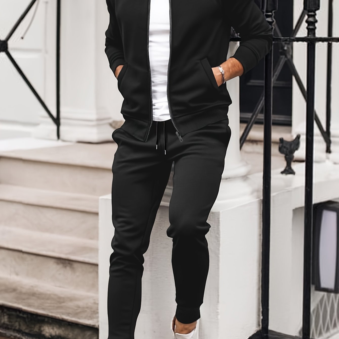 Men'S Casual Polyester Sweatsuit Set with Baseball Collar and Slight Stretch - Solid Color Long Sleeve Knit Fabric Track Suit for Fall/Winter