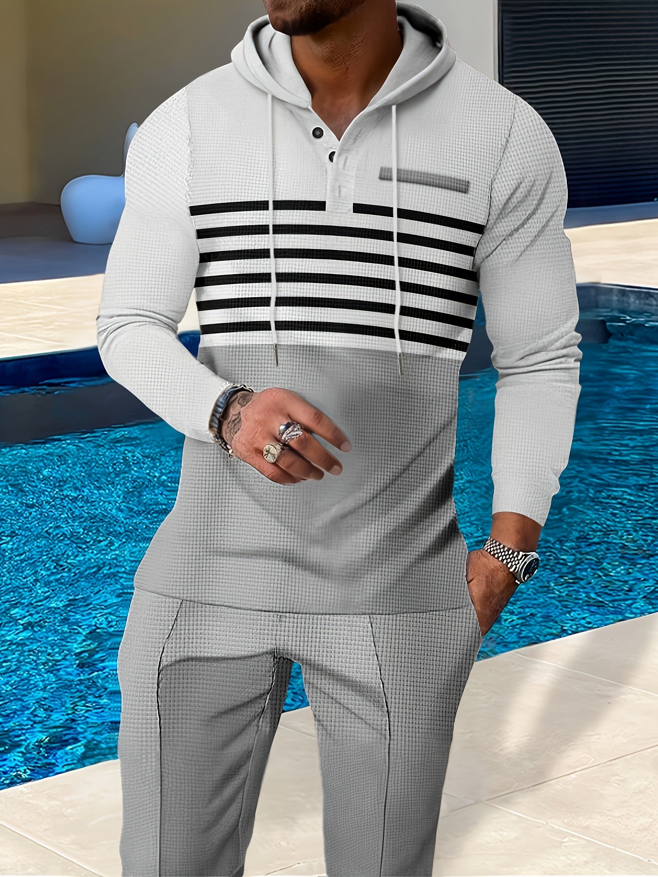 New Men's Casual Set Outdoor Versatile High Fashion Men's Hoodie Color blocked Striped Long Sleeve Top Long Pants Two Piece Set for Men