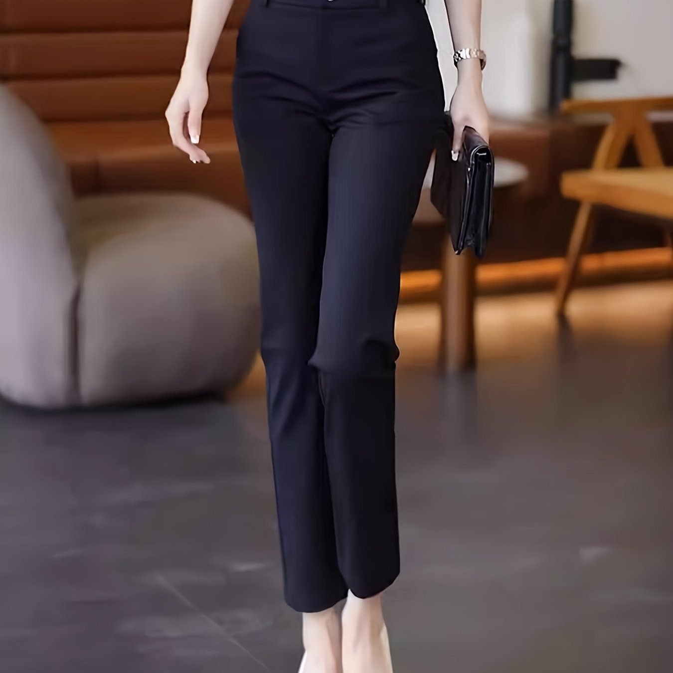 Women'S High-Waisted Straight-Leg Trousers, Casual Style, Solid Color, Polyamide 50% Viscose 50% Elastane 8%, Woven Fabric, 300g/m², Button Detail, Suit Pants for Work and Leisure - Black