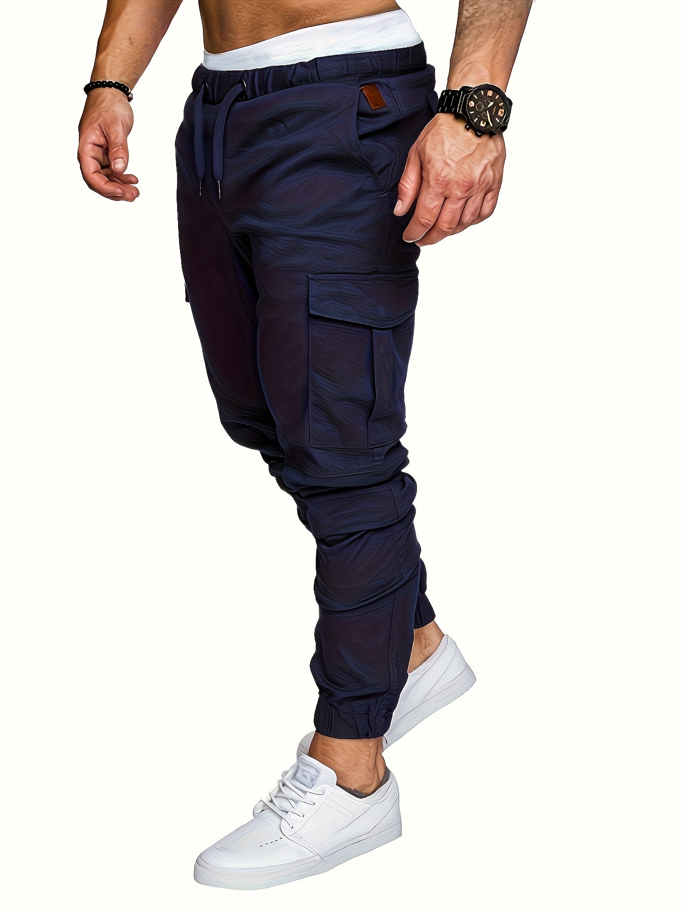 3-Pack Men'S Casual Cotton Cargo Pants, Solid Color, Non-Stretch, Regular Length, Drawstring Waist, Four Seasons, Standard Fit, Woven Fabric