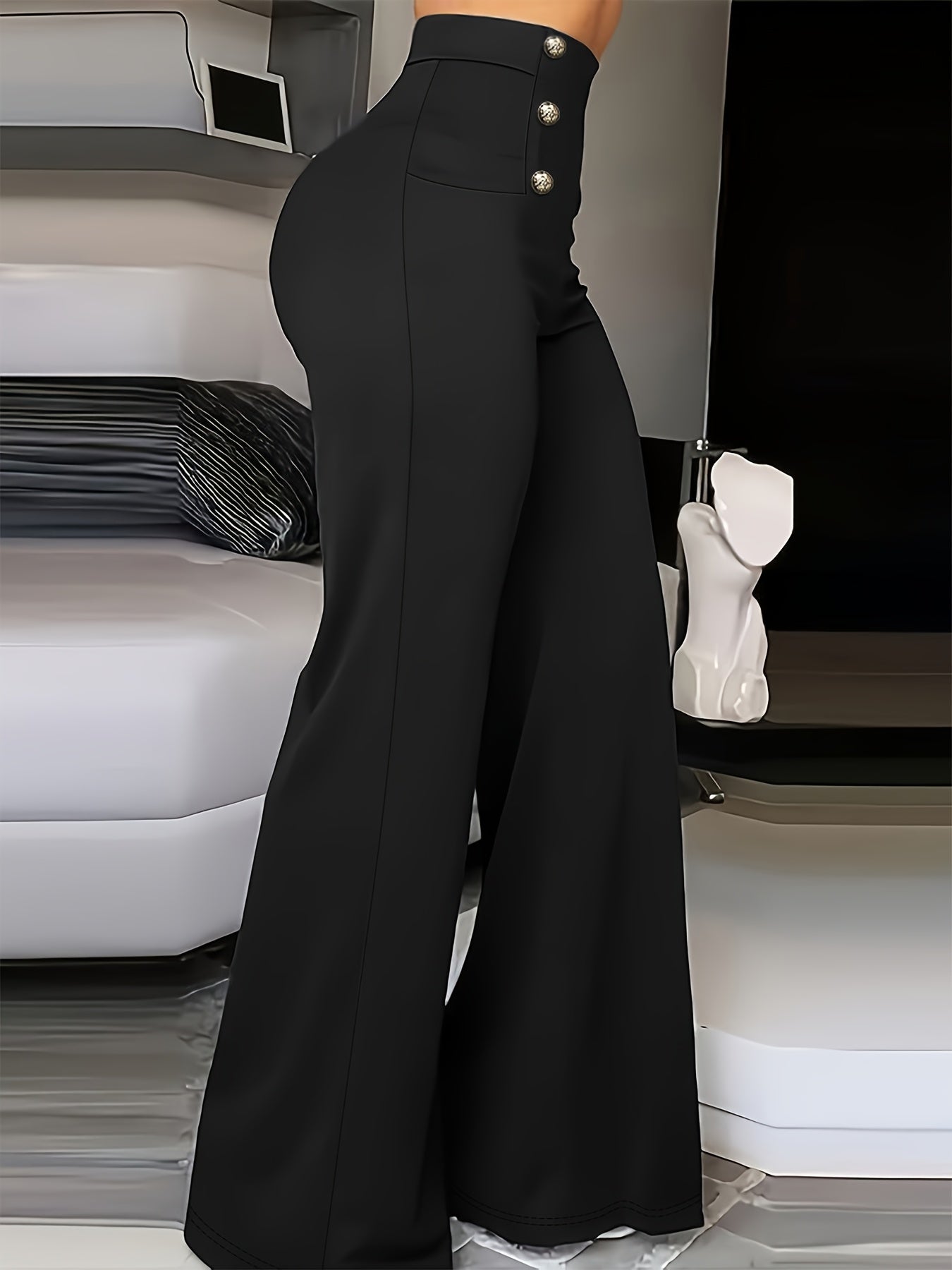 Women'S Elegant High-Waist Wide Leg Pants - Black Polyester Straight Leg with Button Detail, All-Season Fashionable Trousers for Casual or Dressy Wear