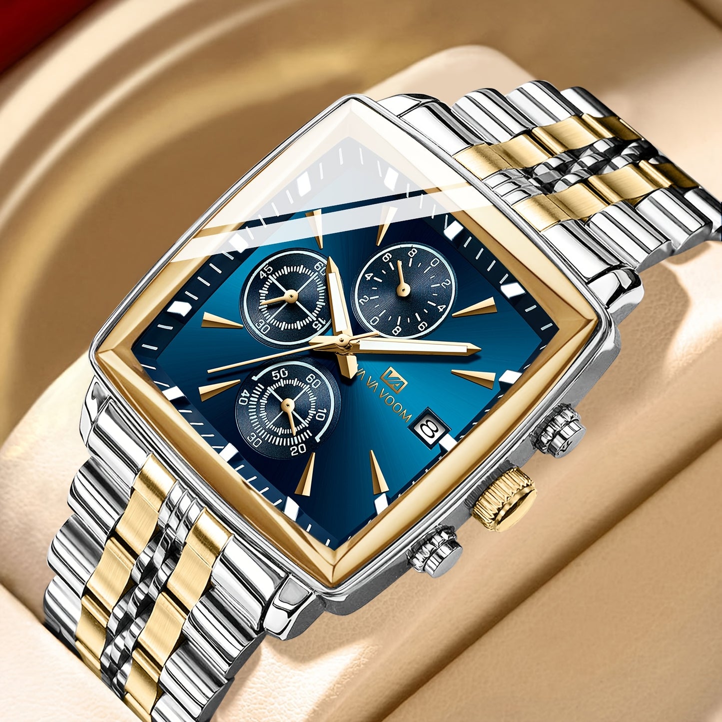 VA VA VOOM Brand New Arrival 1pc Fashionable Golden & Blue & Silveryy & Black Stainless Steel Strap, Oversized Square Dial, Multifunctional Six Needle Three Eyes, with Calendar Window, Luminous Function, High-Quality Fashiona