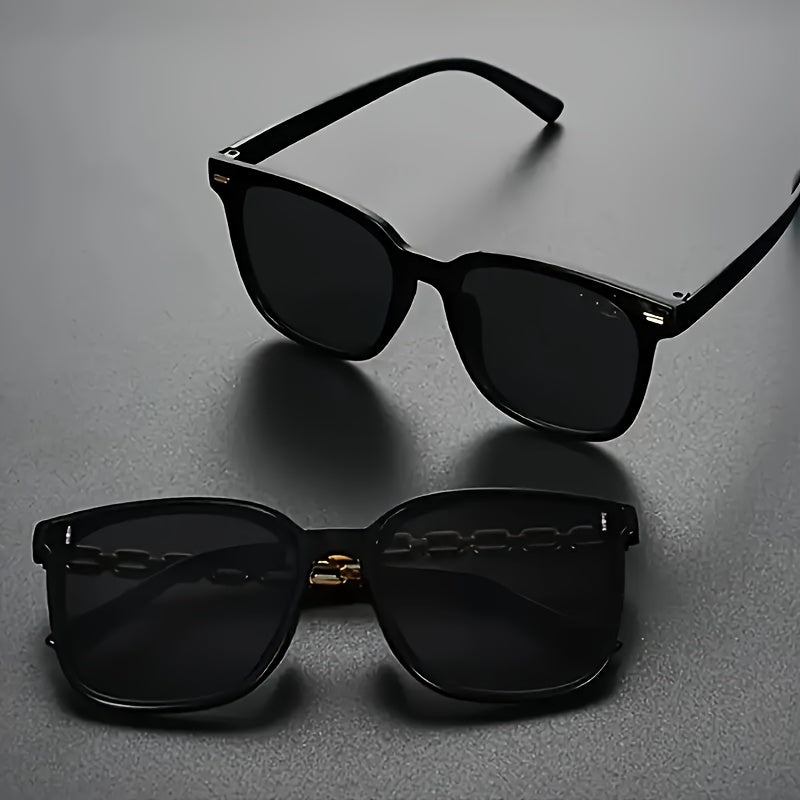 2pcs Men's Casual Fashion Glasses - Black with Golden Chain Accents, Oversized Retro Style, Lightweight & Durable for Everyday Fashion, Versatile for Casual & Formal Outfits, Stylish Glasses, Oversized Eyewear, Metallic Accen