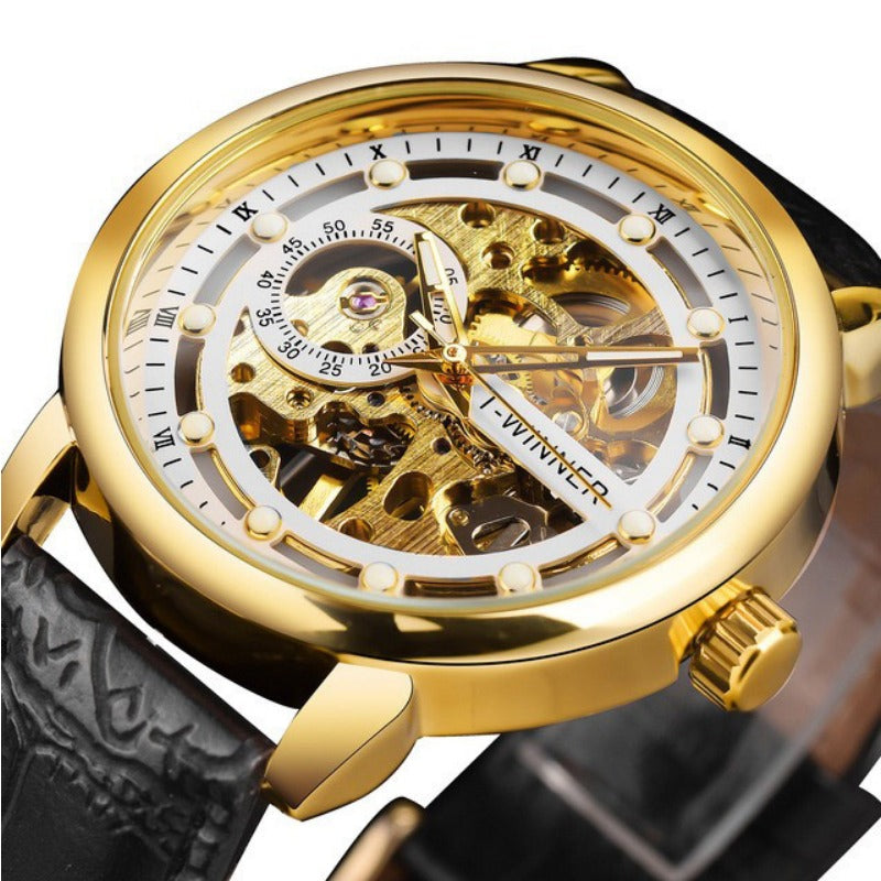 Men'S Luxury Mechanical Skeleton Watch with Golden-Tone Alloy Case & Faux Leather Strap - Mechanical Hand-Wind, World Time, Date Display, Elegant Fashion Accessory for Casual Attire, Mechanical Watch, Sophisticated Design, In