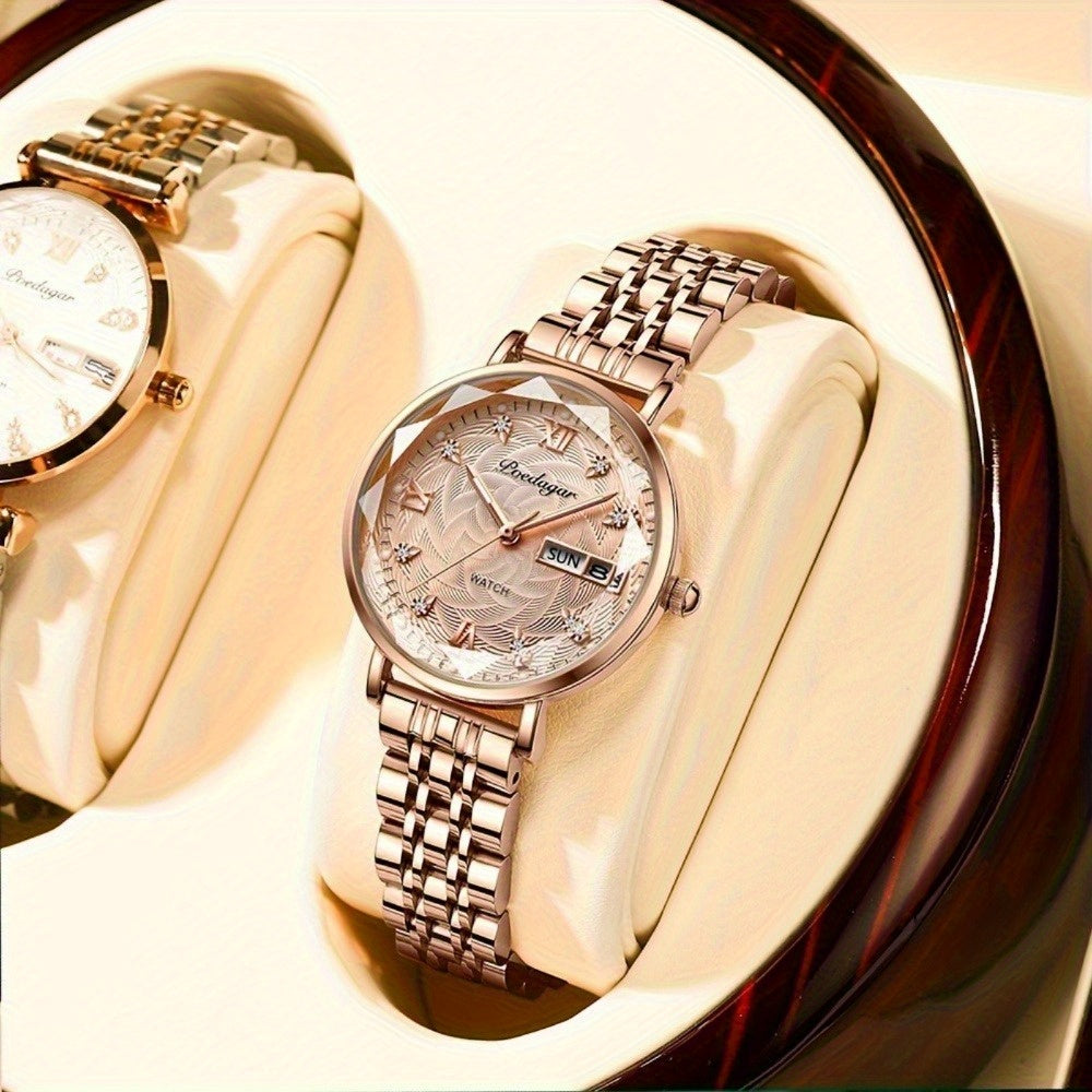 1pc POEDAGAR Elegant Women'S Quartz Watch - Luxurious Rose Golden-Tone with Luminous Hands, Calendar Display, Alloy Case & Band, Quartz Movement, Fashion Accessory|Elegant Timepiece|Rose Golden Finish, Watch Accessories