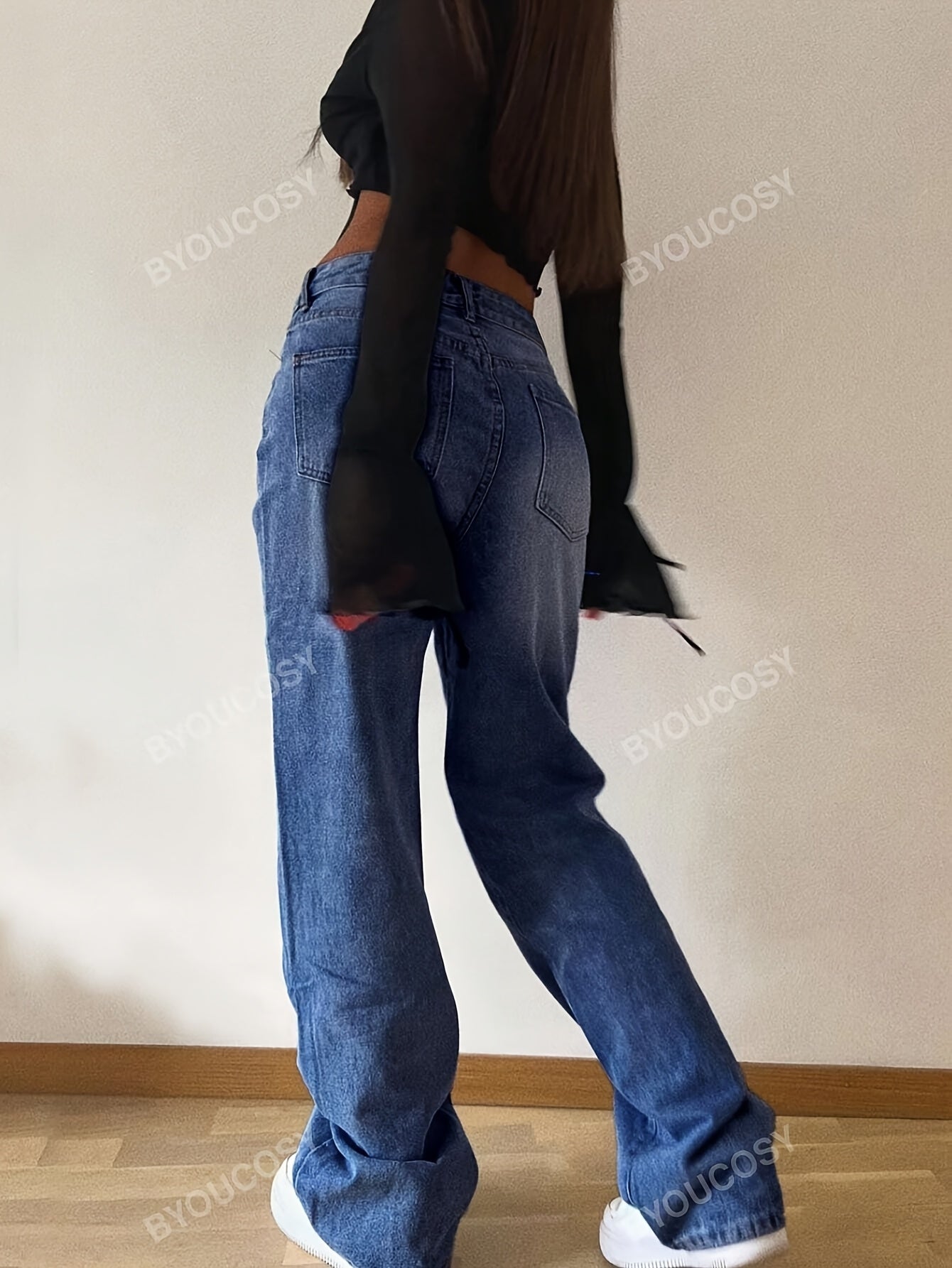Women's Fashion Wide Leg Jeans, Casual High-Waisted Denim Pants with Pockets, All-Season Solid Color, Comfortable Slimming Design, 54.10% 35.10% Polyester 9.50% Viscose 1.30% Elastane