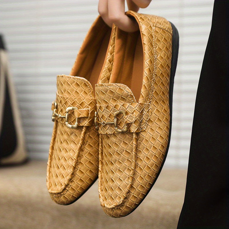 Men's Slip-On Loafers - Black & Tan Casual Shoes with Golden-Tone Metal Accents, Round Toe Comfort, All-Season Versatile for Office & Social Events, Casual Attire, Elegant Style, Premium Material, Modern Gentlemen