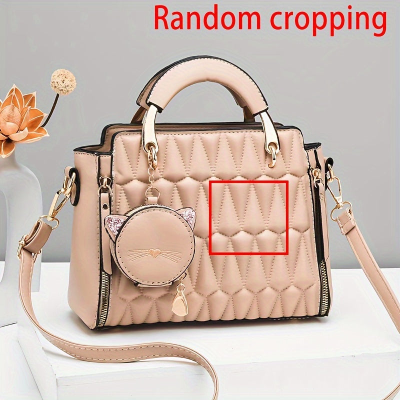 Women'S Fashion 2023 Embroidered Cat Design Messenger Bag, Removable Strap, Zipper Closure, Polyester Lined, Casual Shoulder Handbag with Edge Paint Detail