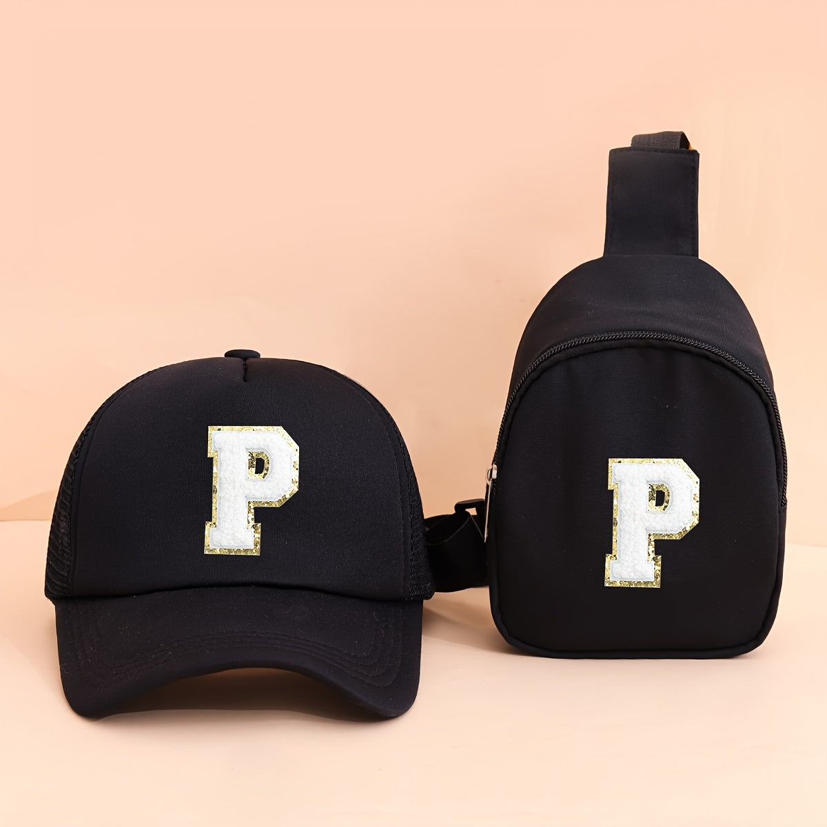 2pcs Kids' Printed Alphabet Pattern Set, Includes 1 Black Stylish Breathable Trucker Hat and 1 Black Crossbody Bag, Lightweight Sun Hat with Small Coin Purse, Suitable for Boys and Girls Aged 5-10 for Daily Outings and Back-t
