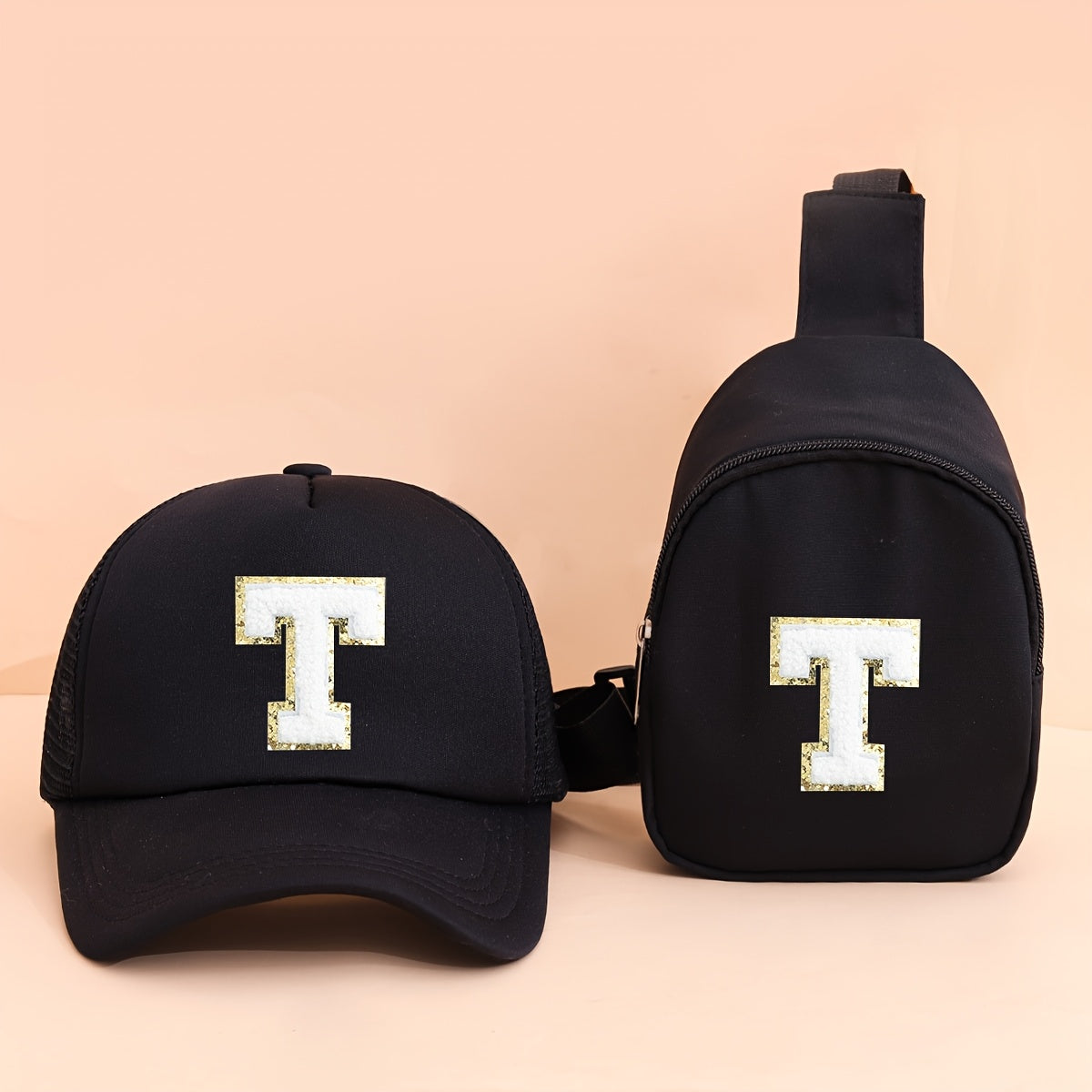 2pcs Kids' Printed Alphabet Pattern Set, Includes 1 Black Stylish Breathable Trucker Hat and 1 Black Crossbody Bag, Lightweight Sun Hat with Small Coin Purse, Suitable for Boys and Girls Aged 5-10 for Daily Outings and Back-t