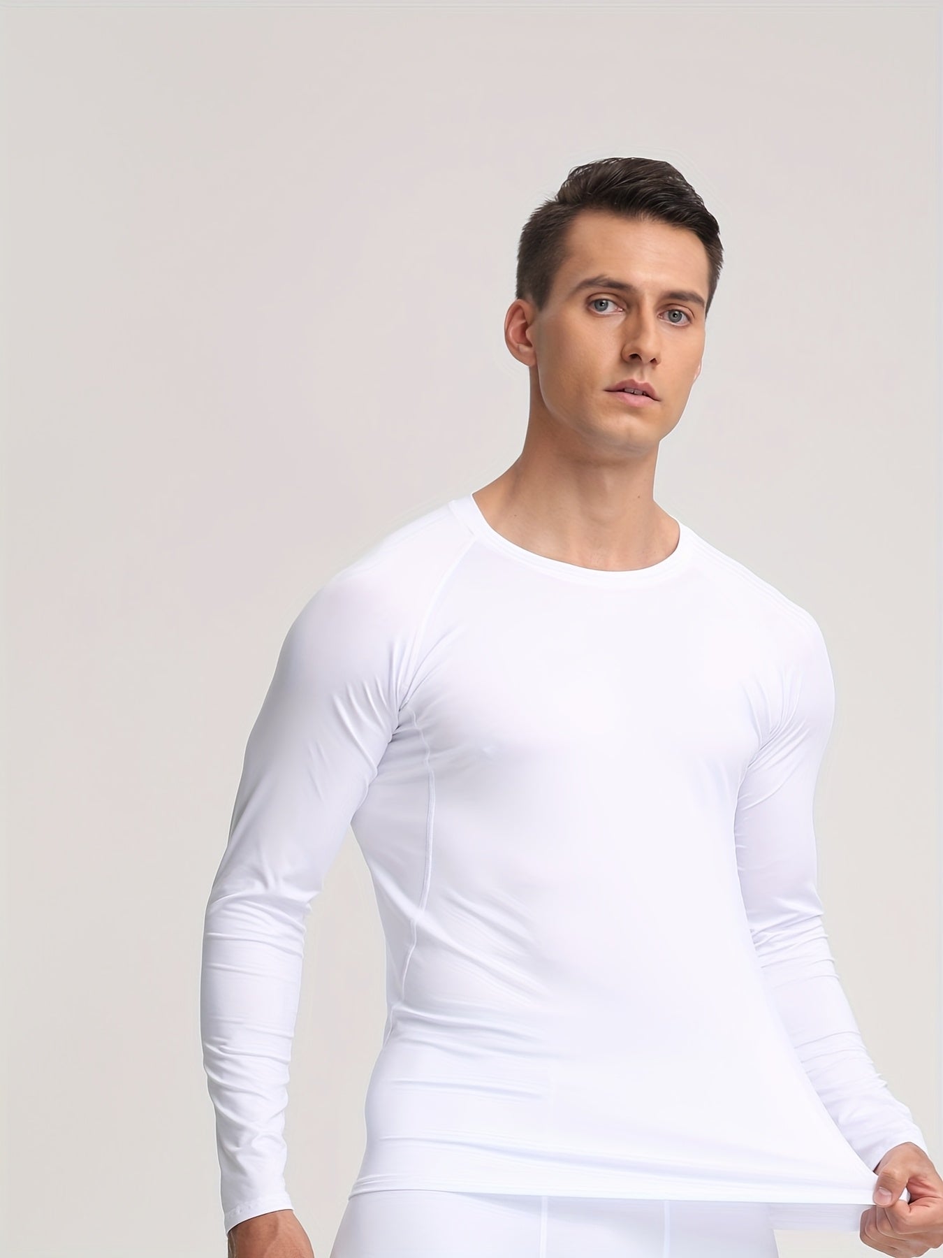 Elite Men's Long Sleeve Athletic Compression Shirt - Quick-Dry, Stretch Fabric, Round Neck, Solid White - Ideal for Gym, Running & Casual Home Wear - Machine Washable, Gym Clothes