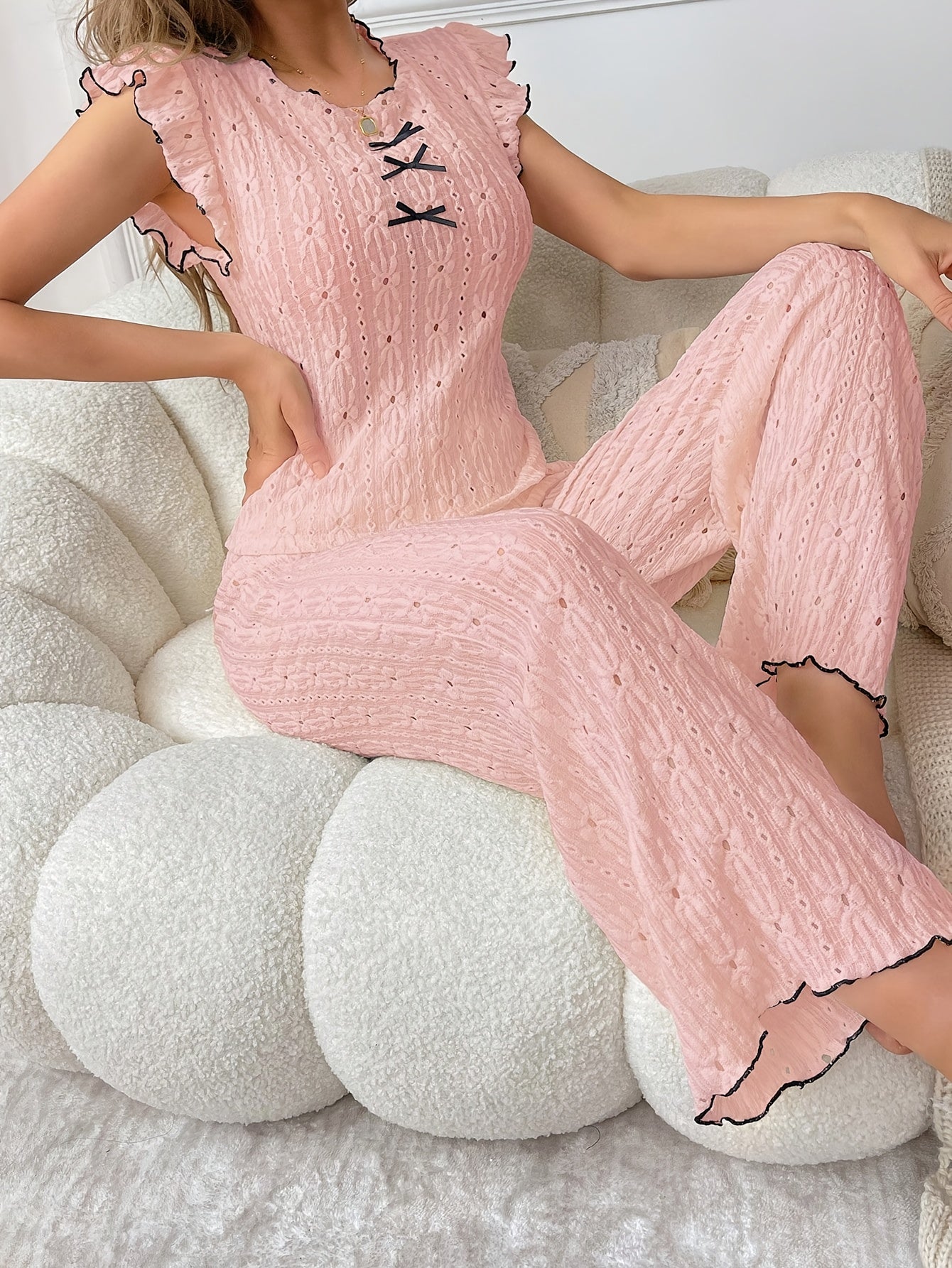 Elegant Women'S Lace Hollow Pajama Set with Contrast Trim and Bow Detail - Short Sleeve, Round Neck, Summer Sleepwear for Adults, Comfortable Polyester Blend, Perfect for Relaxing at Home, Summer Sleepwear | Contrast Trim Des