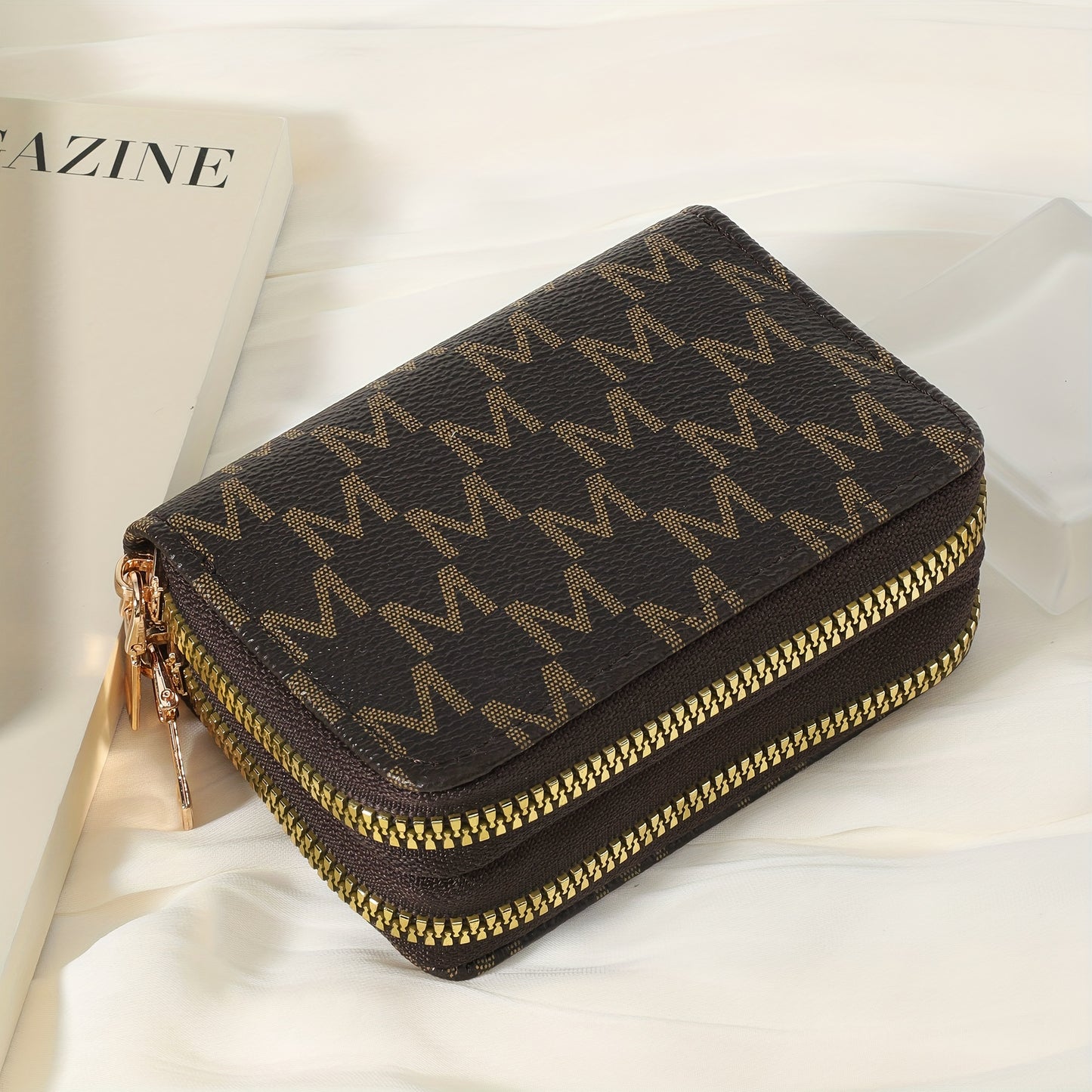 New Retro Printed Women's Minimalist Short Wallet With Double Zippers Around, Fashionable Coin Wallet, Credit Card Storage Bag, Simple And Casual Multi Card Holder