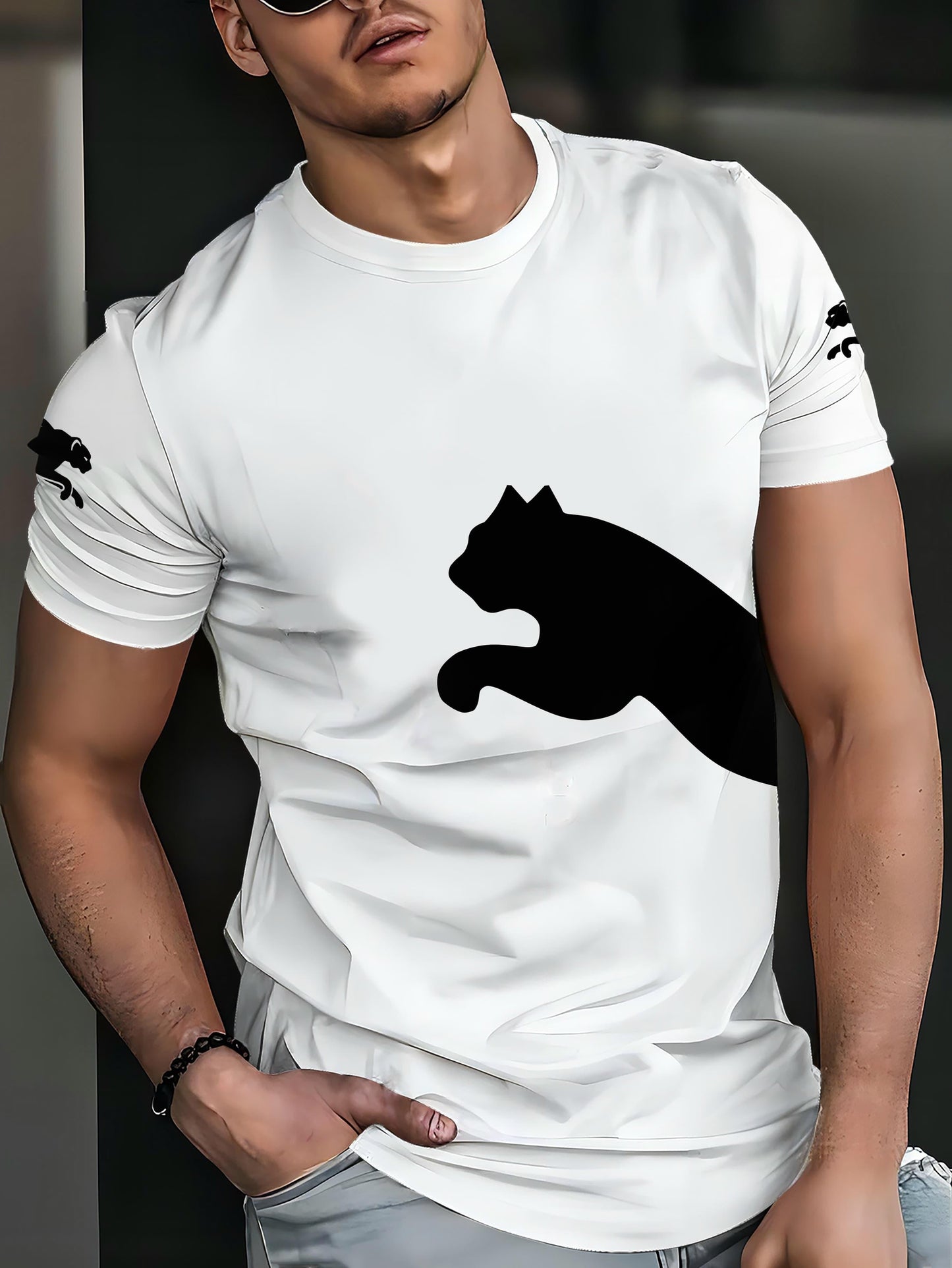Men's 3D Print Cat Graphic T-Shirt - Casual Short Sleeve Summer Tee with Black & White Contrast Design, Breathable Round Neck Top for Outdoor Activities, Machine Washable, Relaxed Fit Shirt, Durable Fabric, Detailed Print Qua