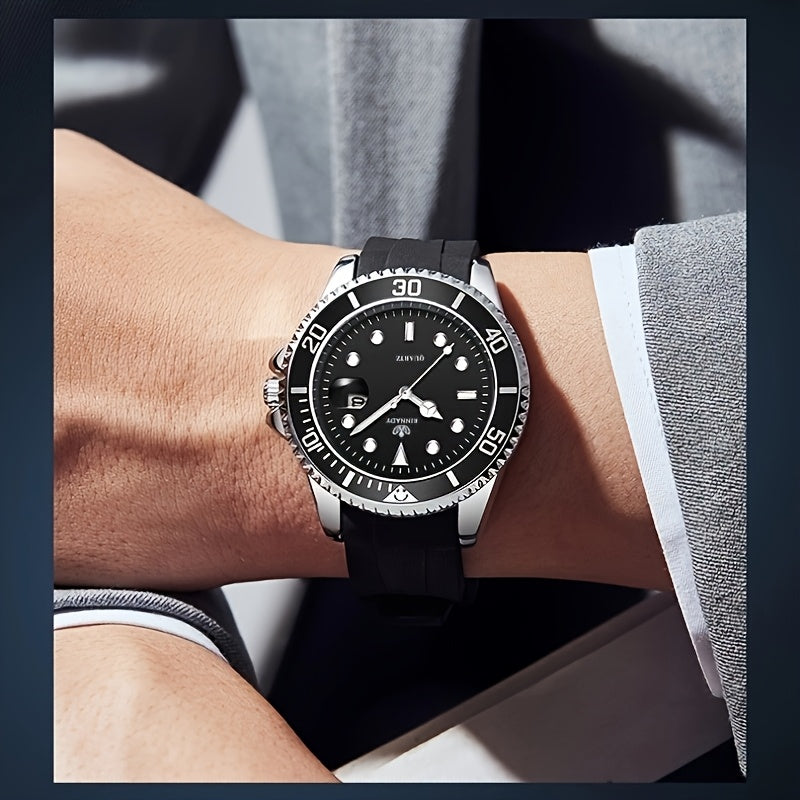 Men'S Square Dial Alloy Watch - Stylish & Durable Silicone Strap, Quartz Movement, Pointer Display, Date Feature, Ideal for Business Casual, Battery Powered (Non-Rechargeable), Everyday Watch|Stylized Dial Design|Durable Cons