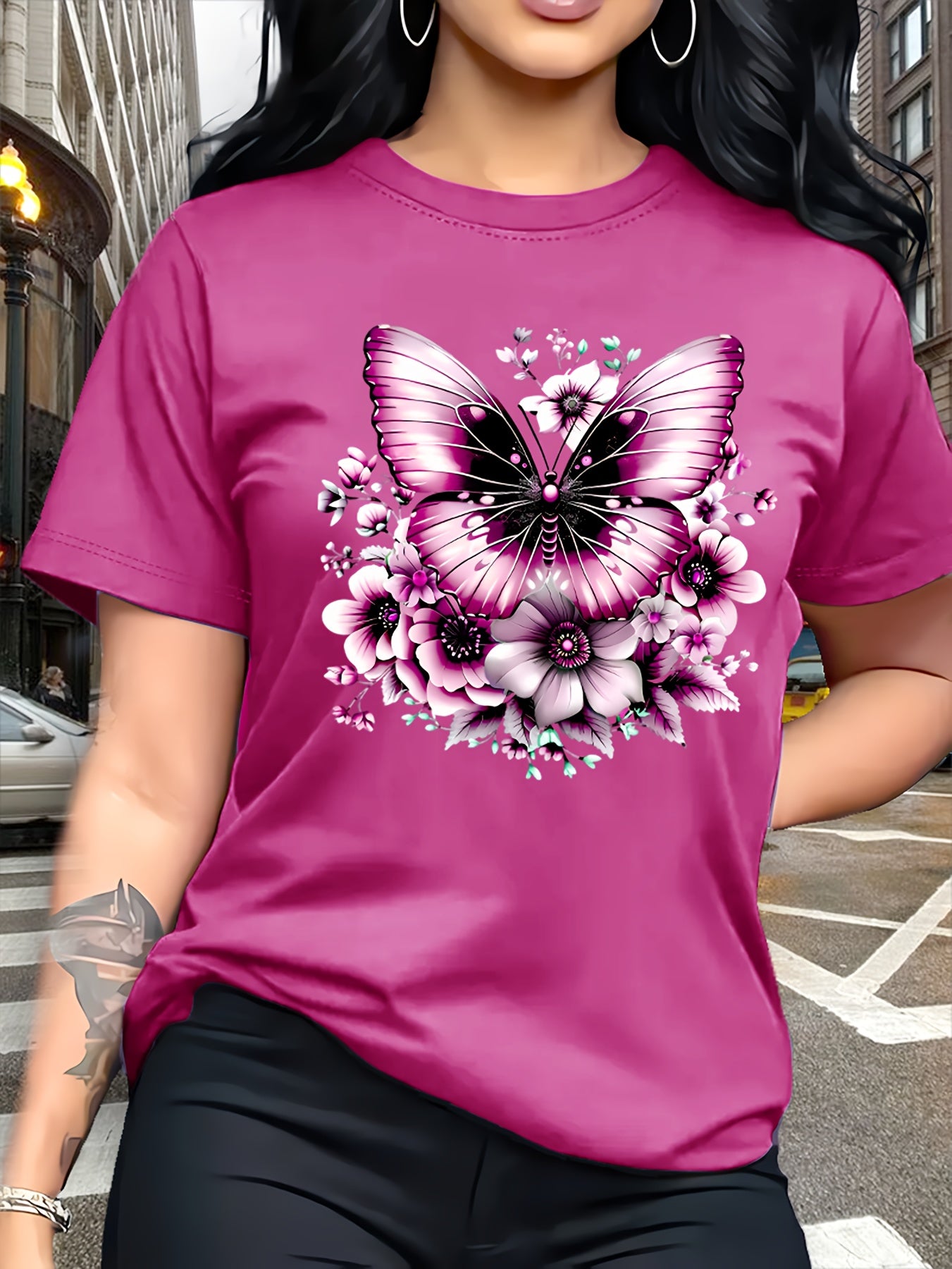Circle Chic Butterfly Print T-Shirt - Exquisite Design, Casual Round Neck Top - Breathable and Lightweight, Perfect for Spring/Summer Wardrobe