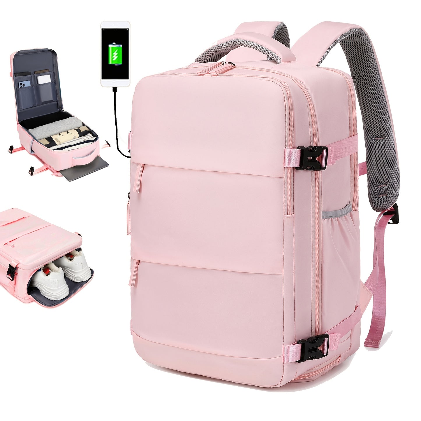 Large Capacity Women'S Travel Backpack with Shoe Compartment, Flight Approved Carry-On, Business Laptop Bag, Polyester Lined, Adjustable Strap, Zipper Closure, Solid White, USB Powered