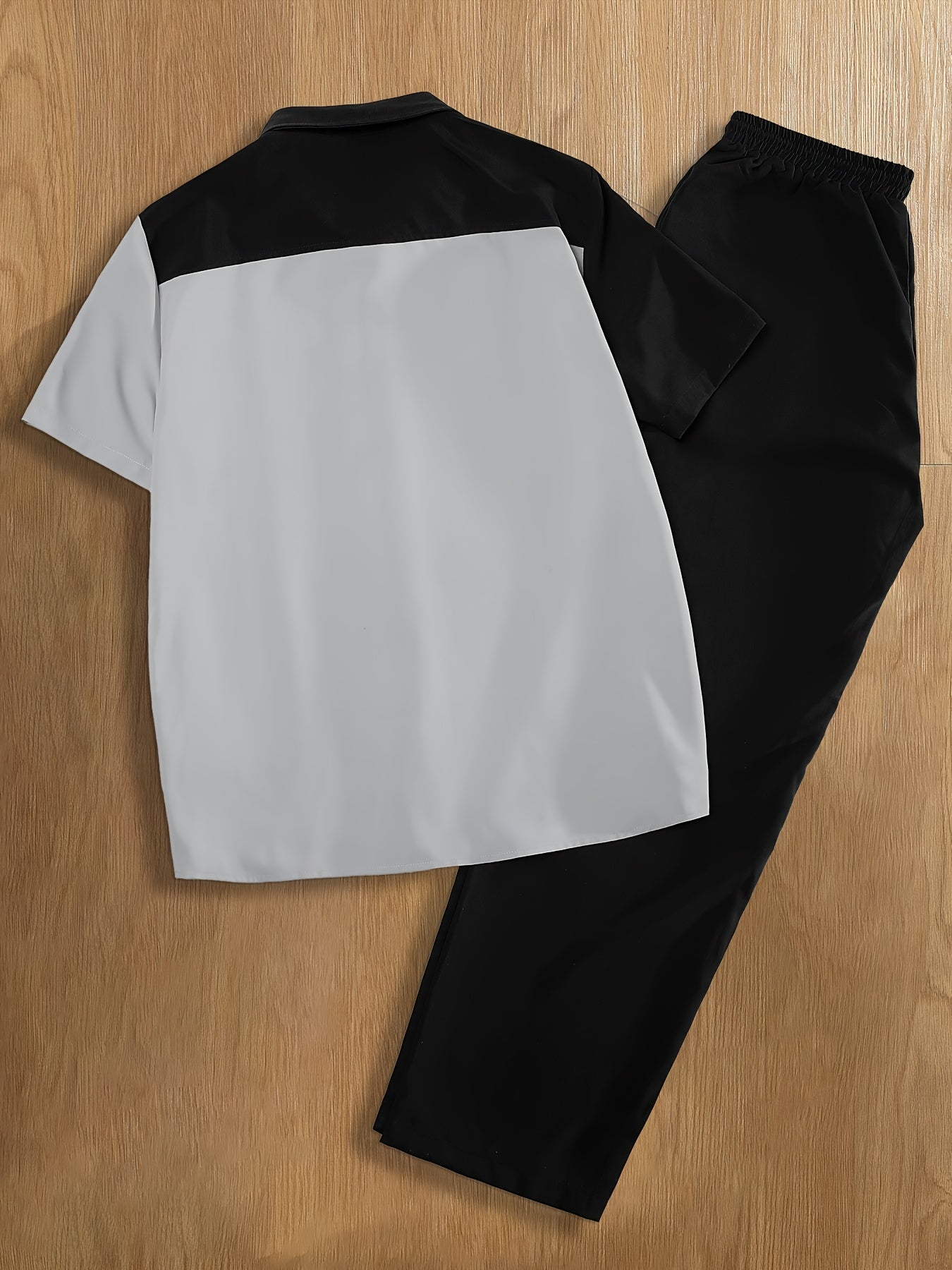 Men'S Casual Two-Piece Spring/Summer Color Block Short Sleeve Shirt and Pants Set - Polyester, Regular Fit, Button-Up with Pocket, No Belt, All-Season Wear, Casual Attire|Casual Style|Polyester Fabric