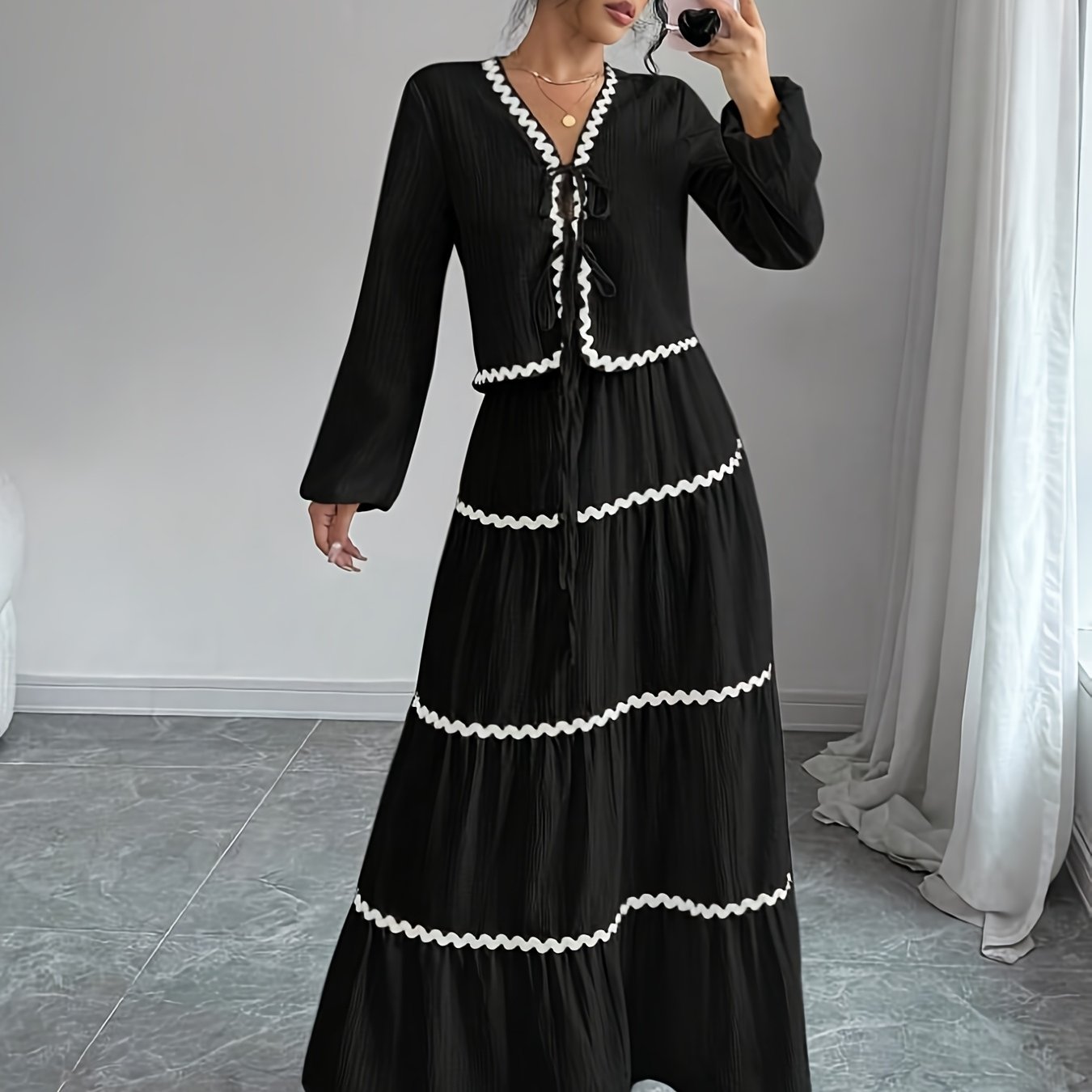 Women'S New Arrival Black and White Ruffled Lace Trim Long Sleeve Shirt with Tie Waist Umbrella Skirt Set, Stylish Elegant Vacation Commute Daily Wear Date Party Two-Piece Outfit Suitable for All Seasons