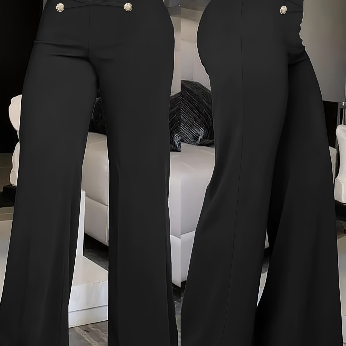 Elegant Double-Breasted Waistband Casual Pants, Solid Color, Polyester, Machine Washable - All Seasons, Queen Style, High-Grade Design
