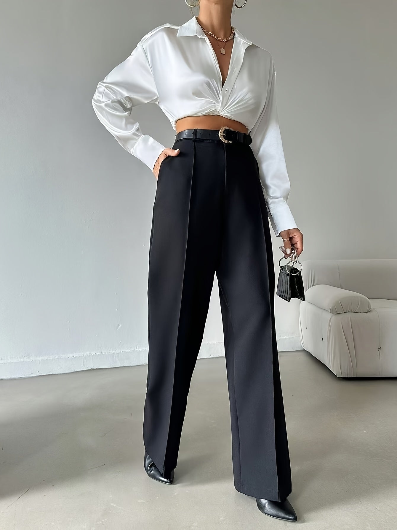 Ladies Elegant Solid Color Straight Leg Polyester Pants 99110643 with Pocket for Adult