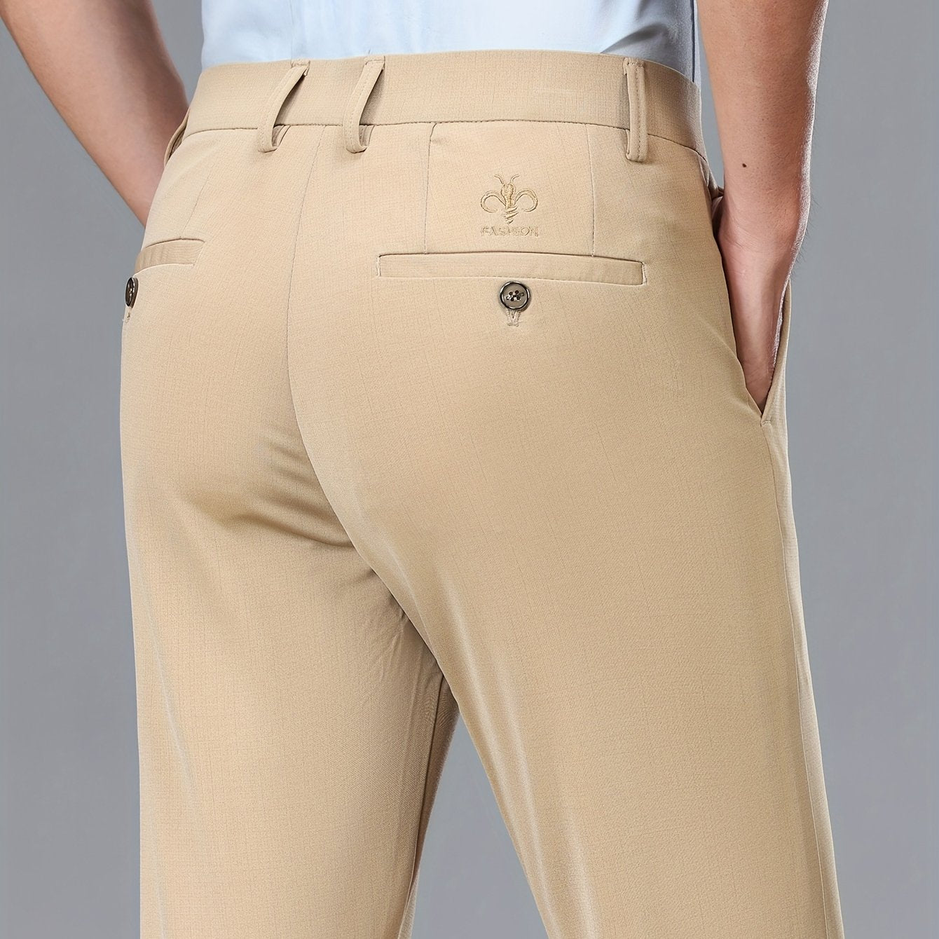 Men's Stretch Dress Pants, Beige with Embroidered Logo - Straight Fit, Wrinkle-Resistant, Polyester Blend, Ideal for Business Casual or Formal Occasions, Allseason Wear|Straight Cut Pants|Stretch Fabric