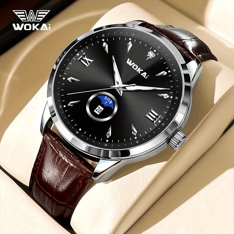WOKAI Men's Sporty Watch with Glowing Dial, World Time & Date, Round Plastic Case, Faux Leather Strap, Battery-Powered, Perfect Gift for Spring & Summer