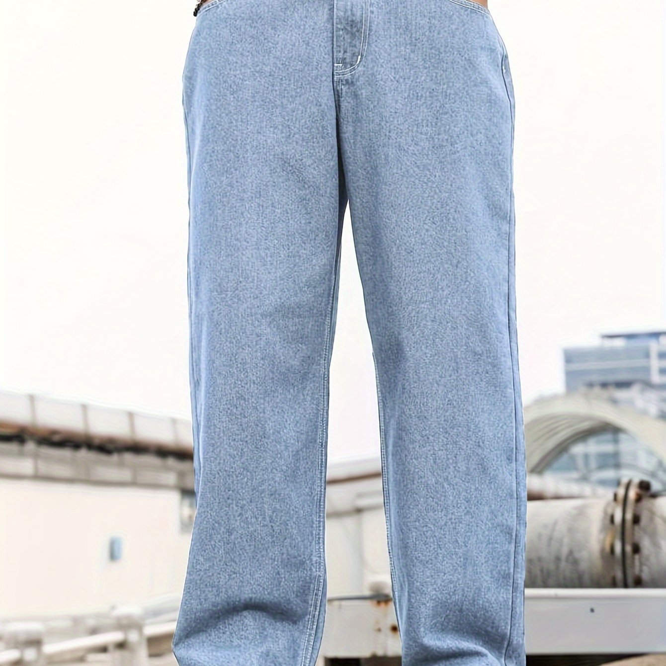 Men'S Loose-Fit Jeans, Cotton Blend Street Style Denim Pants, Non-Stretch Solid Color, Regular Length, with Multiple Pockets for All-Season Wear