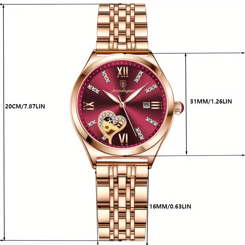POEDAGAR Elegant Women's Quartz Watch - Rose Golden-Tone Stainless Steel, Luminous Hands & Calendar,, Date Display with Heart Detail