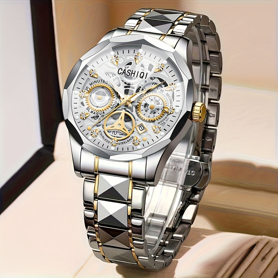 CASHIQI Brand Men'S Steel Strap Quartz Watch with Rhombus Dial, Sparkling Decoration, Calendar, And Luminous Display, IPX7 Waterproof Hollow Quartz Watch for Business, Travel, And Casual Wear - A Perfect Gift Choice.