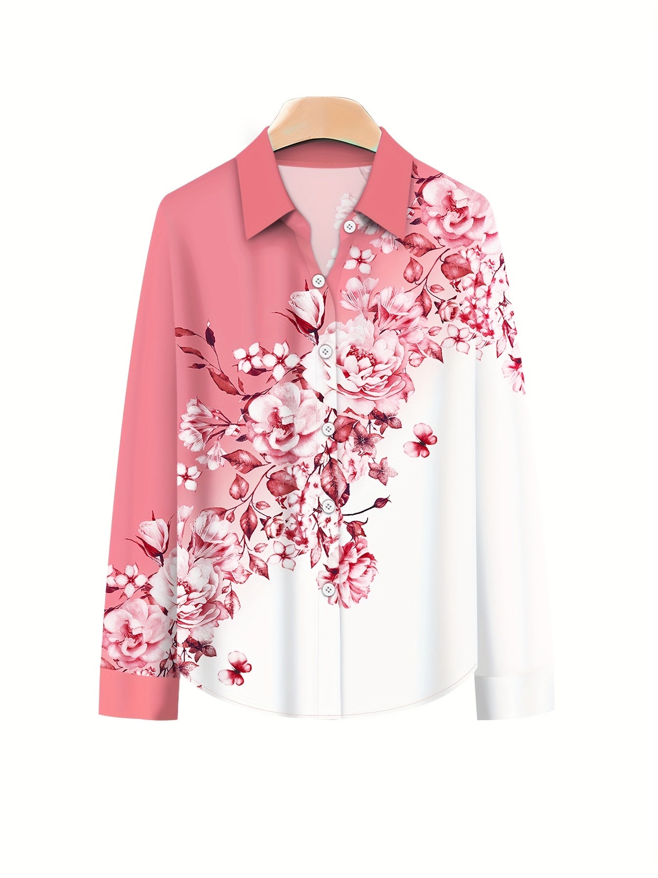 Women'S Elegant Set of Contrasting Floral Print Long-Sleeve Lapel Shirt Top And Solid Color Loose Pants Two-Piece Set